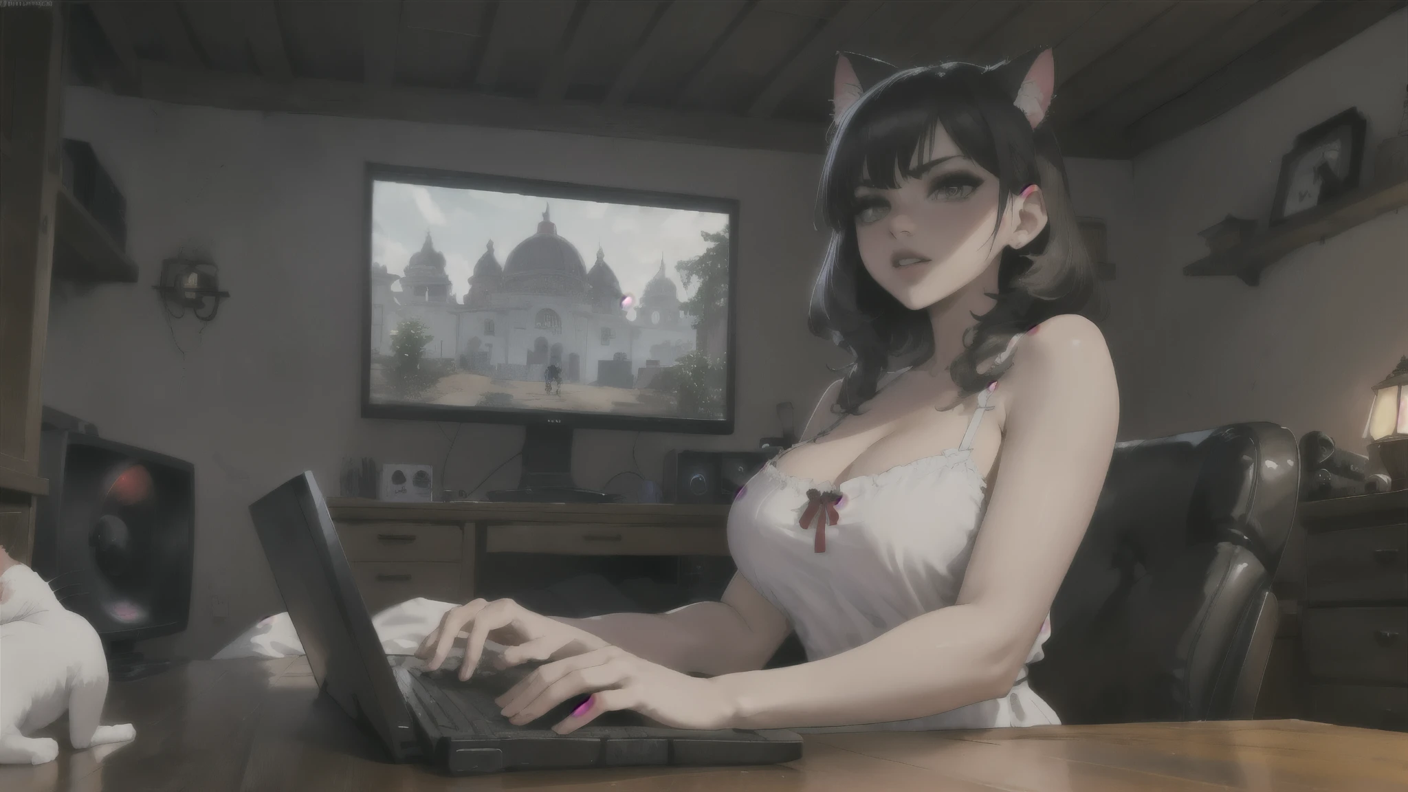 (junkotvv, pelo , flequillo, ((orejas de gato)), ojos rojos), in the foreground a villager is using a gaming computadora inside a peasant house,campesinos vistiendo ropa renacentista,Estilo Dur3r,(gaming computadora monitor, teclado (computadora), cables, juegos rgb),caballos,castillo en la distancia,(orejas de gato)