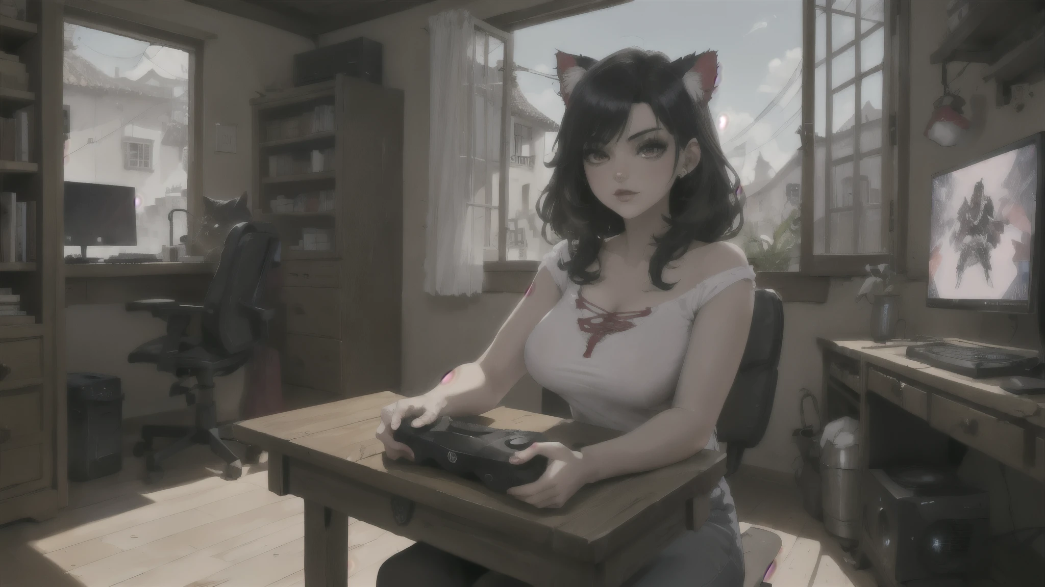 (junkotvv, pelo negro, flequillo, ((orejas de gato)), ojos rojos), in the foreground a villager is using a gaming computadora inside a peasant house,campesinos vistiendo ropa renacentista,Estilo Dur3r,(gaming computadora monitor, teclado (computadora), cables, juegos rgb),caballos,castillo en la distancia,(orejas de gato)