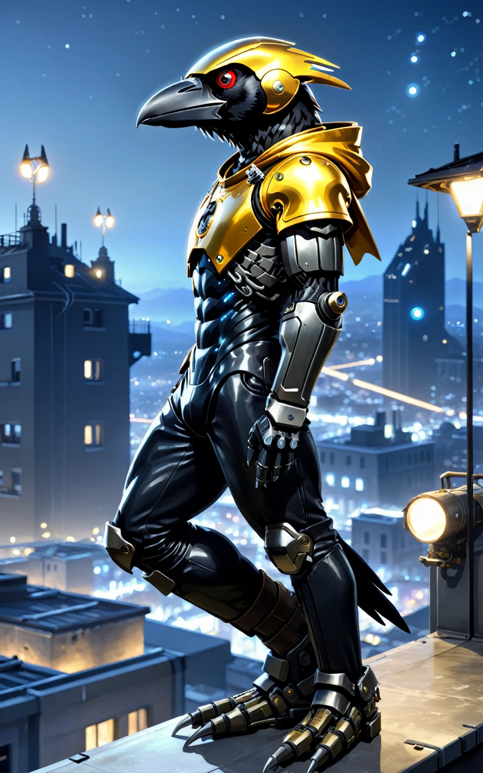 breathtaking, a cyborg anthropomorphic ((crow:)1.3) male furry is sitting solo on rooftop, and animal head, mechanical arms and hands, mechanical legs and boots, He wears a short sleeves golden hoodie with both proud and serious on his face, His eyes are black and shine and looking afar, city below, backlighting, night, moonlight, starry sky, shooting star, constellation, realistic, illustration, cyberpunk, science fiction, medium shot, dutch angle, award-winning, professional, highly detailed, more detail, enhanced.