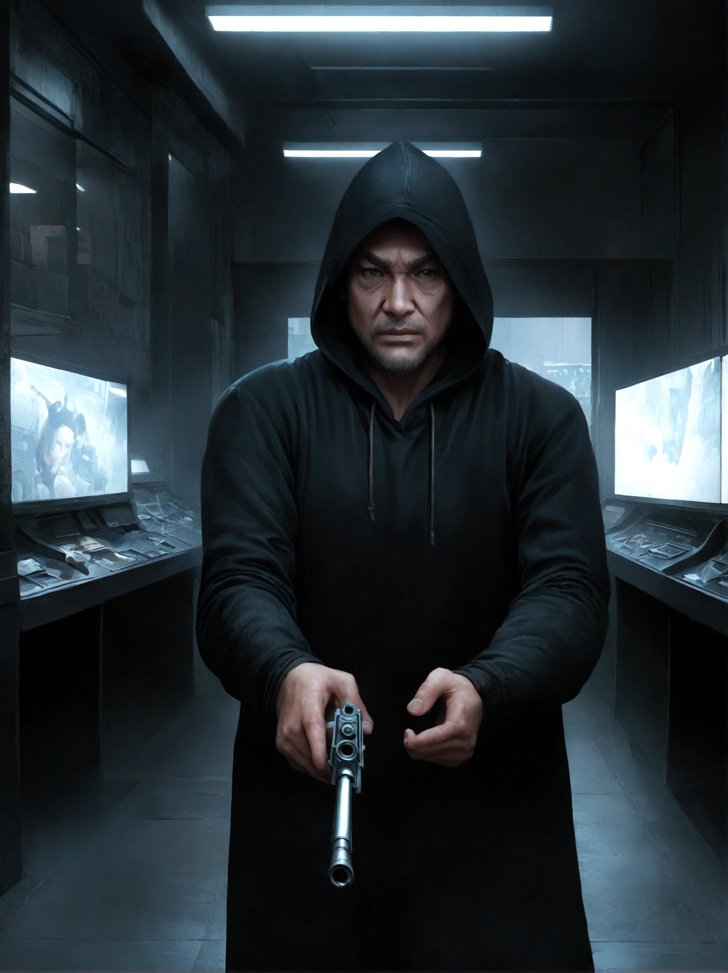 A Korean thief holding a rifle, aiming forward, evil thief, bad guy, thief hoodie, in a bank, looking towards the camera, horrific, look into the camera, detailed, shot, dramatic, daylight, indoor studio light, medium shot, highly detailed, thief clothing, evil, crook, thief, gun, vibrant, detailed texture, detailed face expression, medium shot, full body, ultrawide, long full shot, full body, realistic, bright, ultrarealistic, realistic focus faces, bright scene, city, 8k
