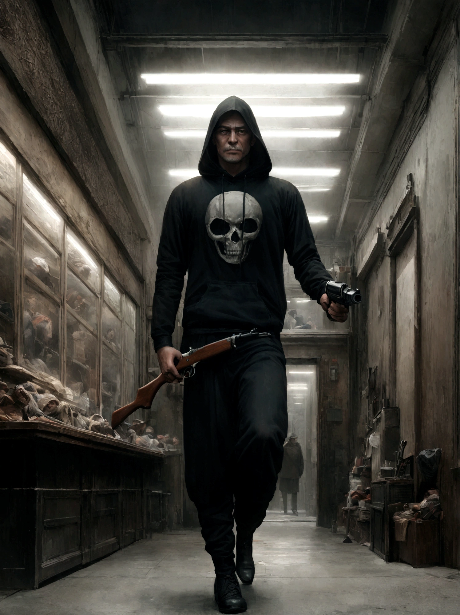 A Korean thief holding a rifle, aiming forward, evil thief, bad guy, thief hoodie, in a bank, looking towards the camera, horrific, look into the camera, detailed, shot, dramatic, daylight, indoor studio light, medium shot, highly detailed, thief clothing, evil, crook, thief, gun, vibrant, detailed texture, detailed face expression, medium shot, full body, ultrawide, long full shot, full body, realistic, bright, ultrarealistic, realistic focus faces, bright scene, city, 8k