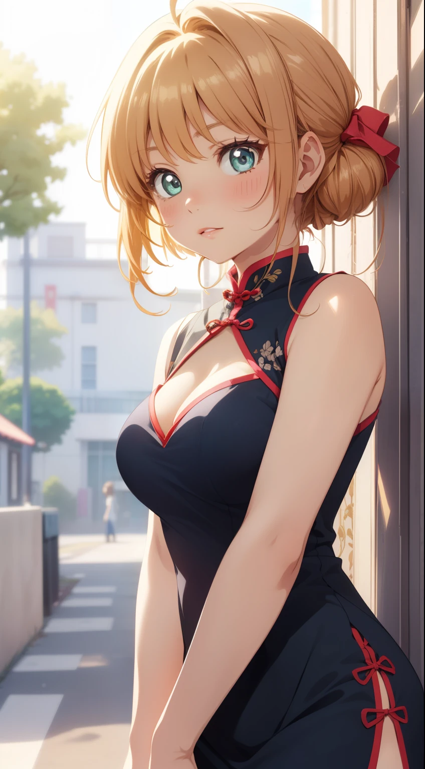 masterpiece, best quality, highres, perfect pixel, depth of field, 1girl, single, solo, beautiful anime girl, beautiful artstyle, (detailed face), (blush), anime CG style, (medium breasts), good lighting, perfect body, lips parted, (sakura kinomoto), glossy lips, (sleeveless cheongsam), cleavage, (high heels)