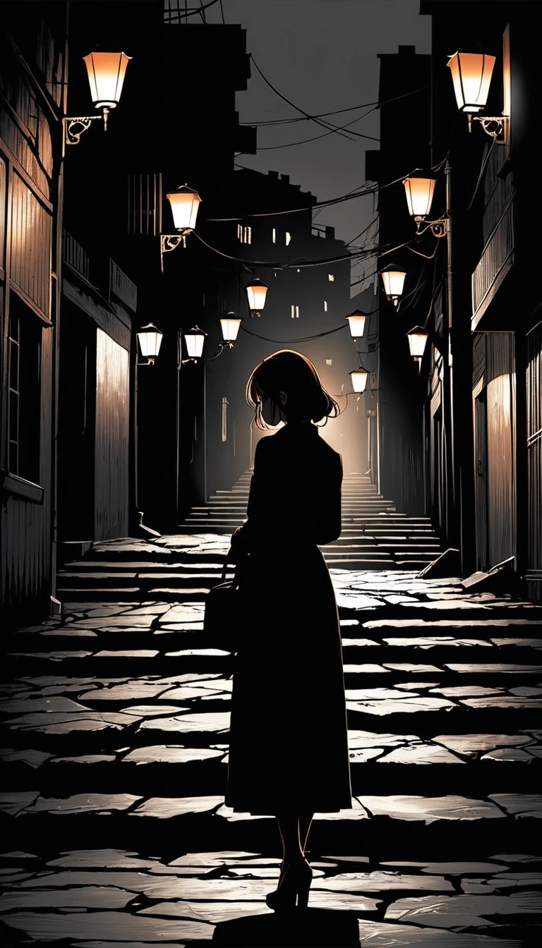 "A young woman, dressed with elegance and dignity, walks alone through the city, her silhouette highlighted against the dark background of the night. The light of the public lanterns reflects on her brown hair, creating a dramatic contrast with the darkness that surrounds her. She seems lost in her thoughts, her dark expression revealing a deep sadness. The sound of steps echoes through deserted streets, increasing the feeling of isolation and desolation. The city, which used to be a place of fun and joy, now looks like a dark and hostile prison. The young woman is a lonely figure, abandoned to her own fate, with only her thoughts for company"