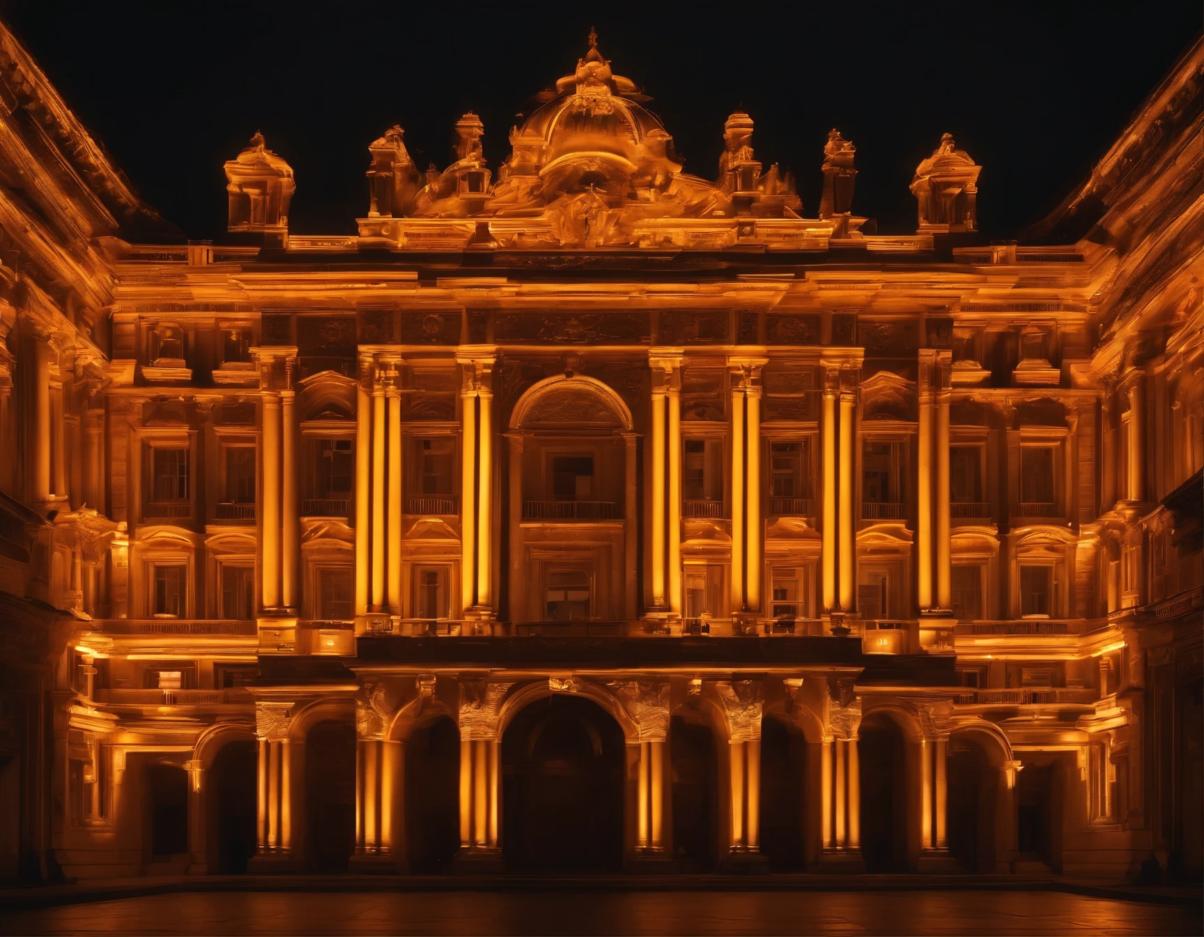 Faced of a big Palace in Neon Classical style, with [yellow] and [orange] neon outlines on classical forms