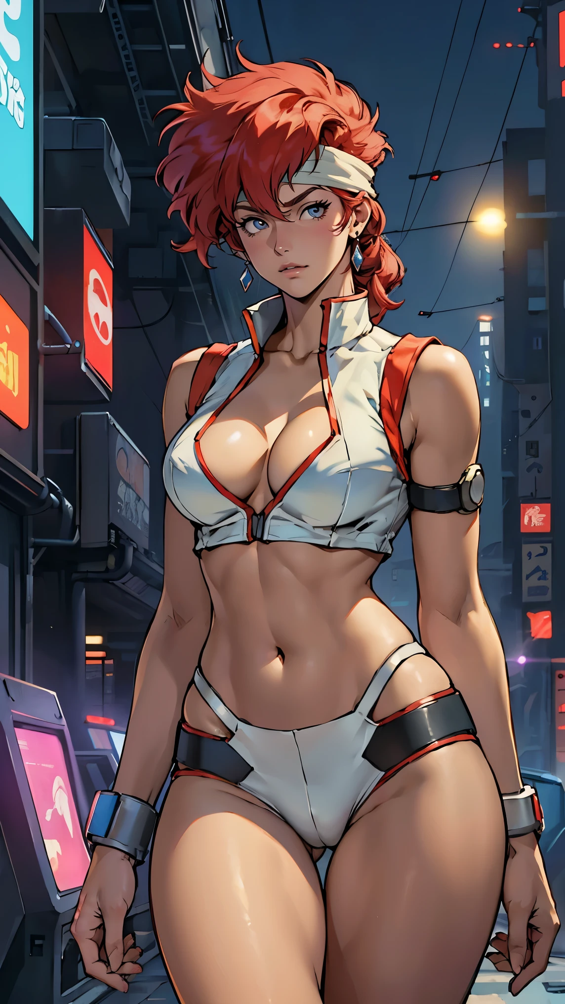 ((Masterpiece, highest quality; 1.3)), super quality, beautiful detail, super detailed, extra fine, 16K, exquisite, absurd, high resolution, beautiful background, detailed background, beautiful eyes, beautiful skin, anime style, Kay from Dirty Pair in a white outfit, tight outfit, cleavage, bushy redhead beauty, very light blue uniform, wearing tight clothes, skimpy, (mid chest: 1.2), cleavage, cleavage, slim waist , thin waist, slim thighs, thin legs, slim legs. thigh gap, showing stomach, skinny, thin hips, cyberpunk city background, retro space gun holding, headband, 