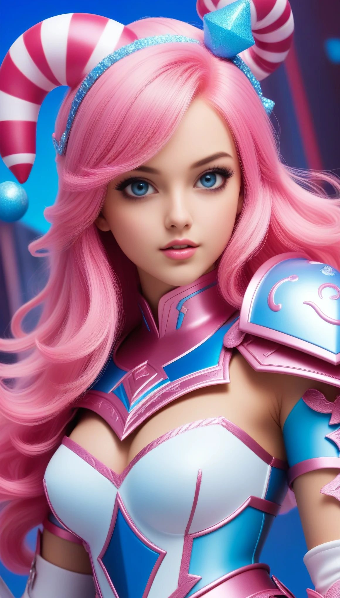 "Meet Candy 'Cotton Candy' Kane, a bubbly and airheaded warrior with a mane of bright pink hair that matches her sugary sweet personality. Her eyes are a bright, sparkling blue, and her armor is a frilly, pink-and-white confection that looks more like a costume than combat gear.

Background:
Candy was once a beauty queen and fashion model, but she got bored with the catwalk and decided to trade in her high heels for a sword and shield. She's still got the brains of a beauty queen, but she's learning to fight... sort of.

Personality:
Candy is a total bimbo - flighty, ditzy, and obsessed with her appearance. She's always prattling on about fashion, makeup, and boys, and she's more likely to trip over her own feet than deliver a decisive blow.

Appearance:
Bright pink hair, sparkling blue eyes, frilly pink-and-white armor, and a perpetual expression of vacuous sweetness.

Abilities:

- Um... she's really good at... uh... looking cute?
- Oh wait, she has a special move called the "Candy Cane Crush"... which is just a fancy name for tripping and falling on her face.

Now, unleash Candy's... um... unique brand of warrior-ness upon the world!"
