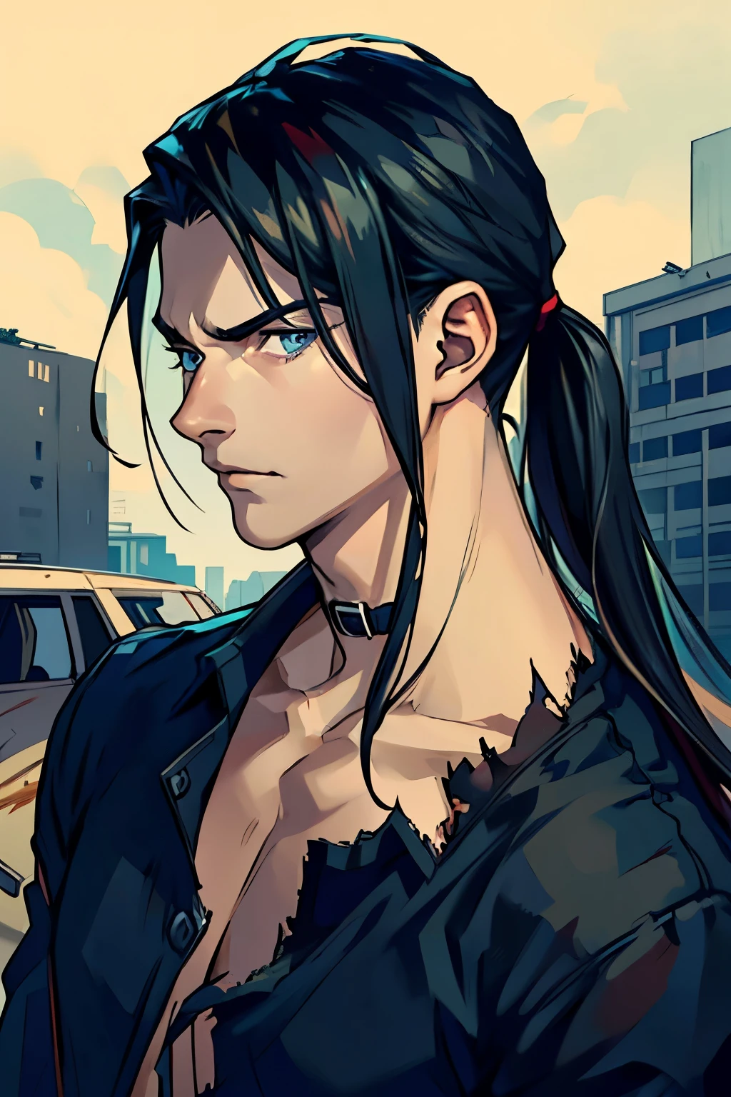 Realistic Anime style, Handsome boy, cool boy, serious face, torn Black shirt, Slicked Back hairstyle, Several blood wounds on his face, Background of destroyed buildings, low long ponytail, blue eyes 