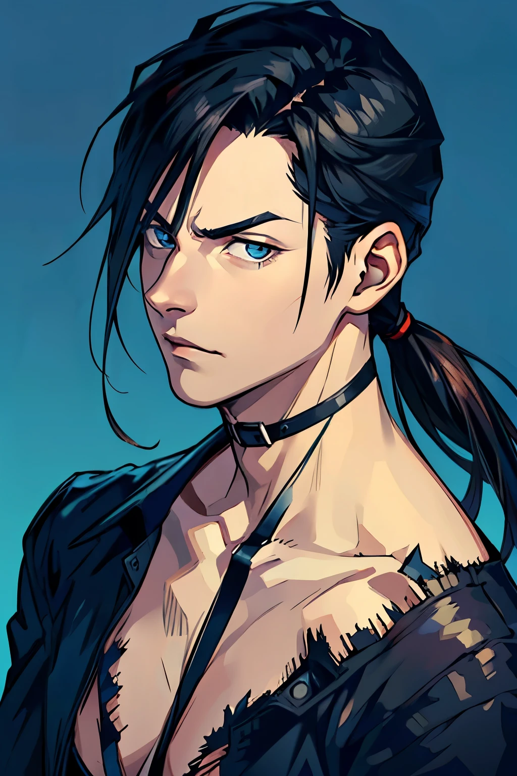 Realistic Anime style, Handsome boy, cool boy, serious face, torn Black shirt, Slicked Back hairstyle, Several blood wounds on his face, Background of destroyed buildings, low long ponytail, blue eyes 