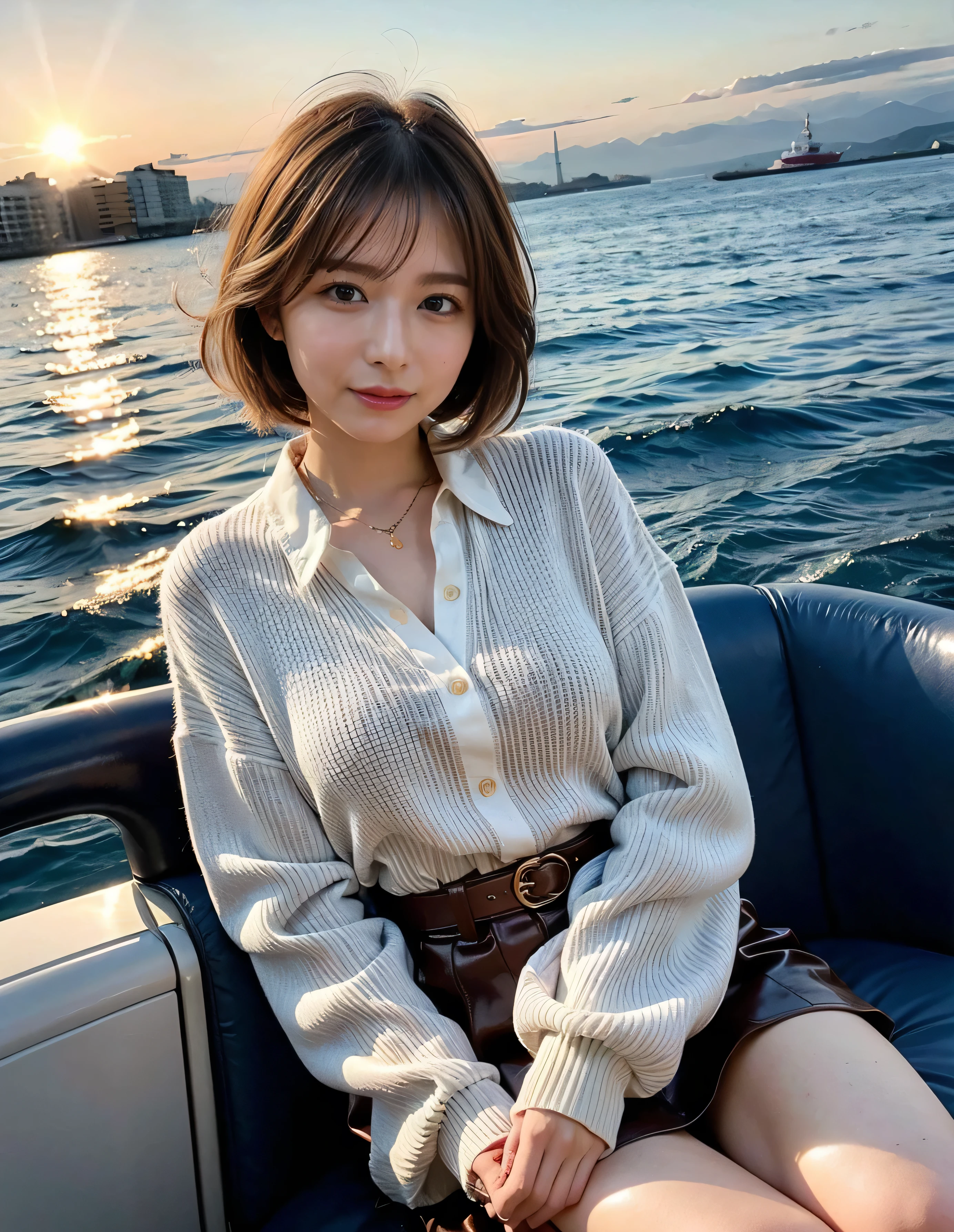 (Summer knitwear、Summer Sweater:1.1) ,smile、The Titanic is moored alongside、Brown beige color hair、Woman standing on a boat、Light brown hair、Elegant hairstyle、Blue Eyed Woman、A woman with a cute upward gaze、When the sky gets dark、The gentle light of the ship shines、When the sun goes down the sky turns red、Tight clothing that shows your body lines、、A nice blouse or collared shirt、The first button of her blouse is lewdly open、Genuine Leather Belt、革のShort skirt、Dress elegantly着こなす、Luxury Bags、、((Medium Short Hair:1.4))、Skyscrapers seen across the sea、Manhattan 私sland is visible offshore、Woman on a sightseeing boat、、The sun shines on her、Light brown hair、Light brown hair、The sky was dyed red、There are clouds、private's cute、An elegantly dressed woman is sitting on a boat and watching the sunset、Her ample breasts are obvious even through her clothes..、The shining sun is so beautiful、Dusk is approaching、Lens flare、I can see the sunset、((Sunlight reflecting off the ocean、Ocean View、The sun shines on the sea、'beautiful.、Small earrings、private'evening、Birds are also flying、、Brown Hair Color、Tying up hair、The woman is on the right:1.4))、Luxury Leather Belts、Shiny clothes、Light beige hair color、Background Blur、Braid only the front hair、Light brown hair、{{Cowgirl Shot}}、((Close-up shot from the waist up、Ample breasts:1.4))、Smile、Silk clothing、Ample breasts that can be seen even through clothes、Braid only the front hair、Cowboy Shot、Gorgeous white collared silk shirt and brown skirt、Dress elegantly、Luxury Bags、A lovely smile、((Ample breasts))、Full body photo、ring、Short skirt、Tuck your hair behind one ear、Silver Necklace、smile、 Elegant ponytail、Caustics、Highly detailed photos、Very beautiful and ideal short hair、Super no makeup、(8k、RAW Photos、highest quality、masterpiece:1.2)、(Realistic、Realistic)、1 girl、((Medium Short Hair、Looking into the camera:1.4))、Hair blowing in the wind