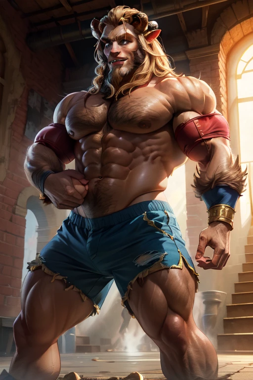 image of the Beast from the movie Beauty and the Beast, a close-up of a man with horned head and blue shorts, muscular, muscular and scary lion, brown blue, muscular, elbow pads, arm bands, topless male, red and white tight pants, underground fight club, standing, smile, (insanely detailed, beautiful detailed face, masterpiece, best quality) solo, beard, school, playground, muscles, facial hair, volumetric lighting, depth of field, wheezing, raised crotch, handsome action, big dynami