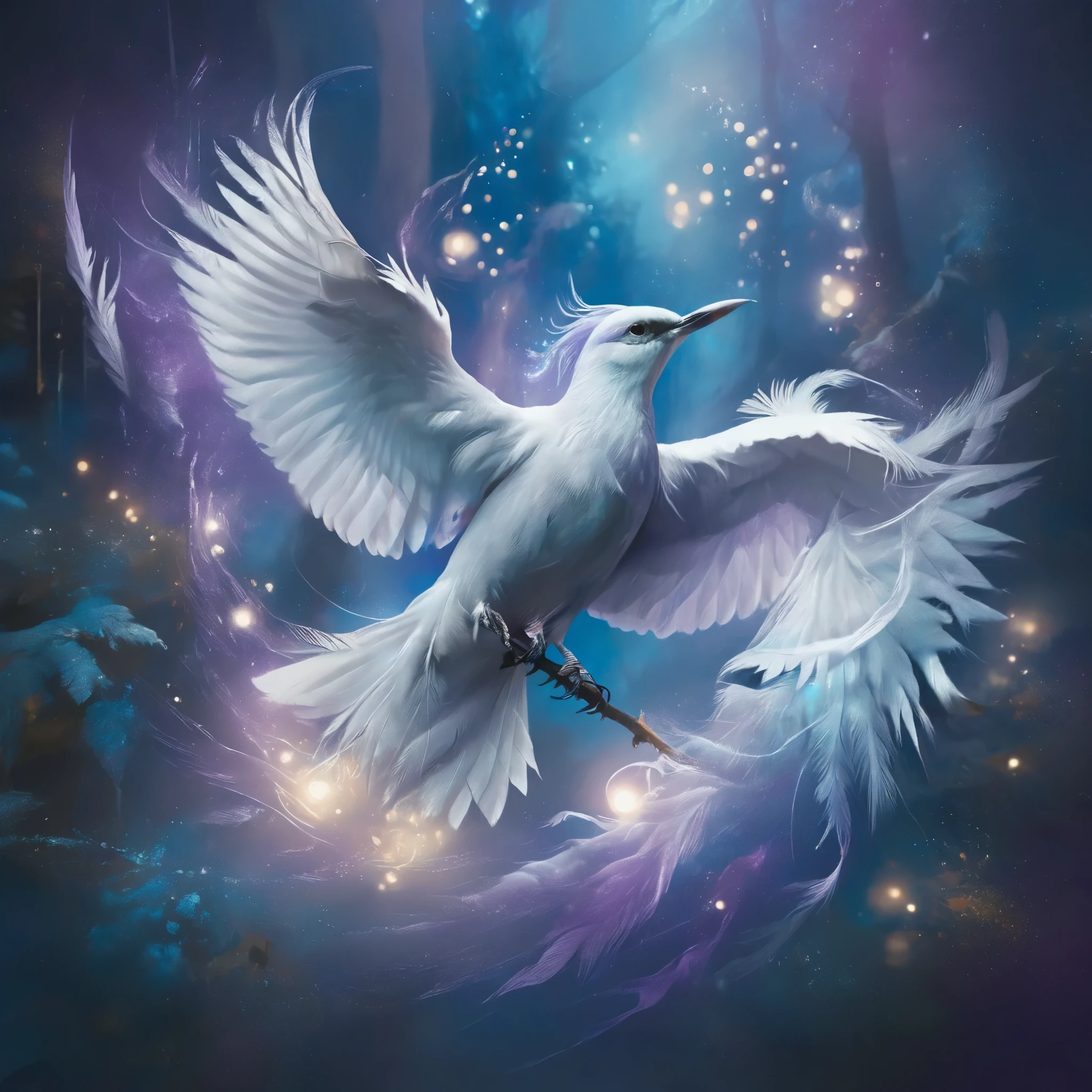 Create an ethereal, glowing bird with luminescent feathers in shades of blue, purple, and white, perched on a delicate, swirling branch. The bird should have an otherworldly glow, with light emanating from its body and wings, giving it a magical, celestial appearance. Surround the bird with a dreamy, cosmic background featuring vibrant colors such as deep blues, purples, and oranges. Incorporate swirling, wispy clouds and light trails that give a sense of motion and fantasy. Add subtle sparkles and glowing orbs to enhance the mystical atmosphere. The overall composition should be whimsical, enchanting, and filled with a sense of wonder and tranquility.