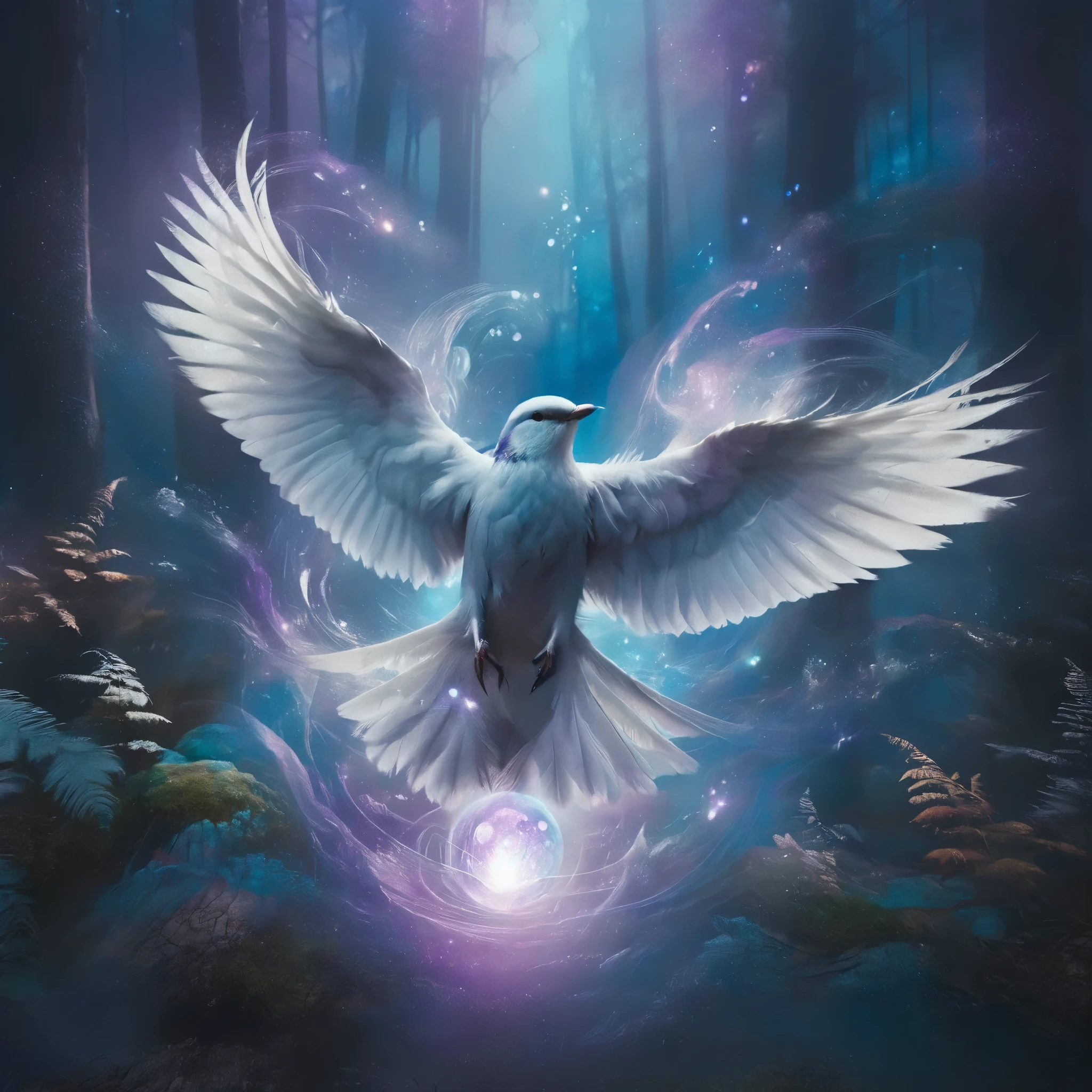 Create an ethereal, glowing bird with luminescent feathers in shades of blue, purple, and white, perched on a delicate, swirling branch. The bird should have an otherworldly glow, with light emanating from its body and wings, giving it a magical, celestial appearance. Surround the bird with a dreamy, cosmic background featuring vibrant colors such as deep blues, purples, and oranges. Incorporate swirling, wispy clouds and light trails that give a sense of motion and fantasy. Add subtle sparkles and glowing orbs to enhance the mystical atmosphere. The overall composition should be whimsical, enchanting, and filled with a sense of wonder and tranquility.