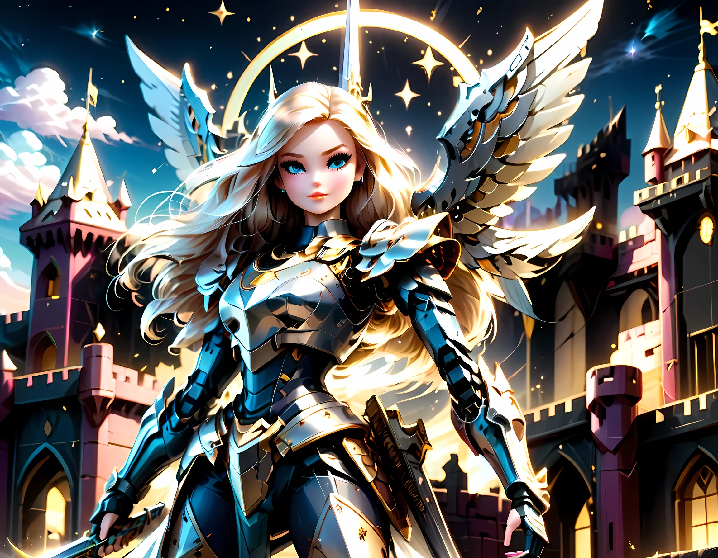 16k, ultra detailed, masterpiece, best quality, (extremely detailed), arafed, dnd art, panoramic view, full body, ((Barbie: 1.5)) knight standing on the all of the castle as the sun rises, she is holding sword and shield, you see only the silhouette of knight, intense eyes, ultra feminine, ultra detailed face, (Masterpiece, intense details:1.5), (anatomically correct: 1.5), determined face, sky are switching day and night, the sun is rising, suns, some stars, rays of dawn, fantasy castle background, Wide-Angle, Ultra-Wide Angle, 16k, highres, best quality, Sword and shield, mecha