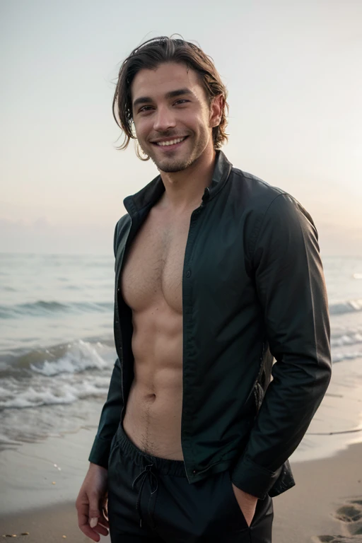 Male stubble beard brown handsome green eyes thin middle curly hair classy dressed casual badass skinny in black clothes smiling beach trip swim trunks