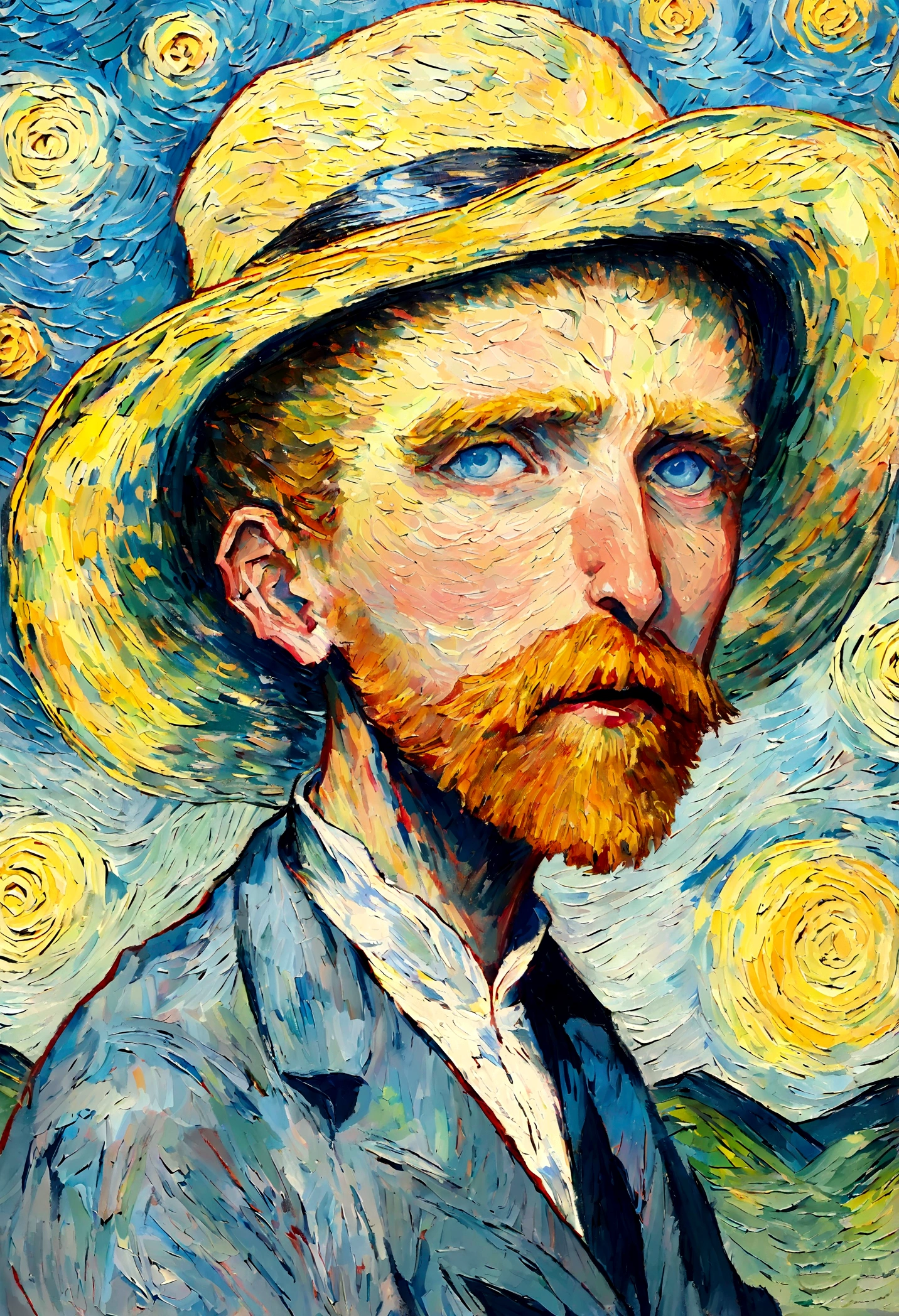 Van Gogh's self-portrait::style Pointillism style、It is made up of various large and small things、Clear dots of color、Highly detailed ::n_style Anime、Photorealsitic、Deformed、glitched、highcontrast、noisy ::seed 1000