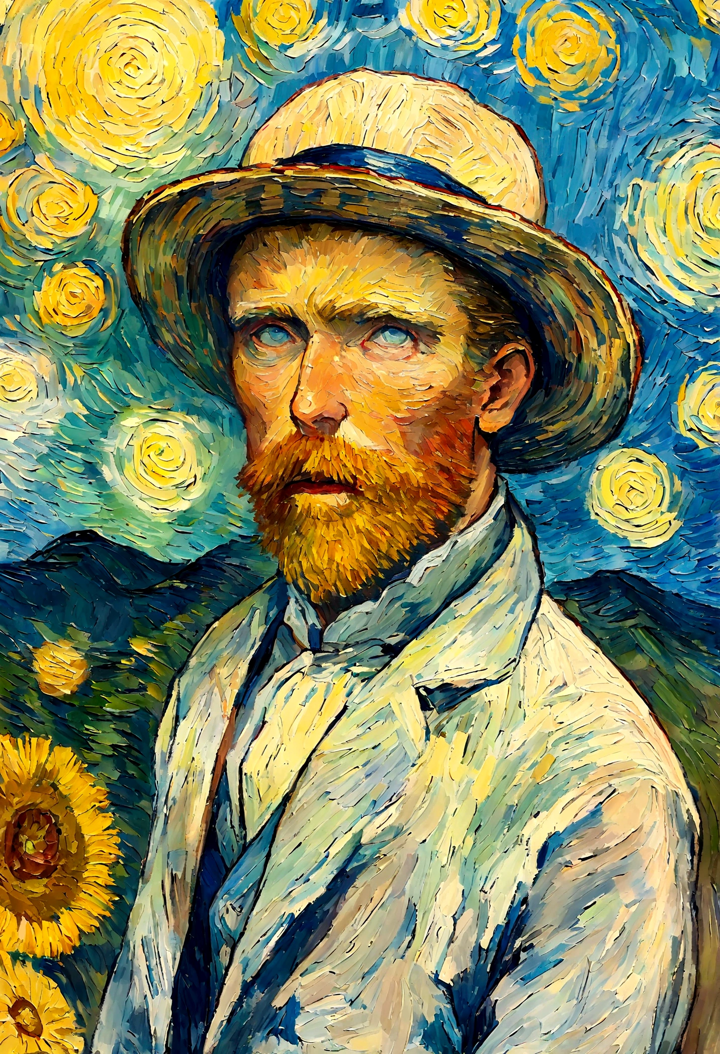 Van Gogh's self-portrait::style Pointillism style、It is made up of various large and small things、Clear dots of color、Highly detailed ::n_style Anime、Photorealsitic、Deformed、glitched、highcontrast、noisy ::seed 1000