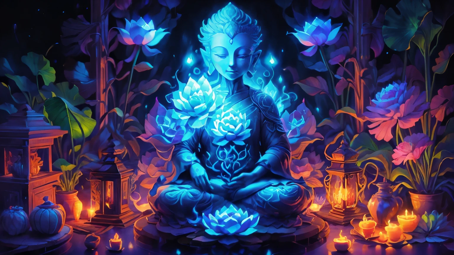 There is a lotus flower glowing in the dark, a glowing flower, a glowing flower, a Buddha sitting on a lotus flower, a magical colorful flower, a surreal flower of a waiko, a glowing neon flower, a glowing delicate flower