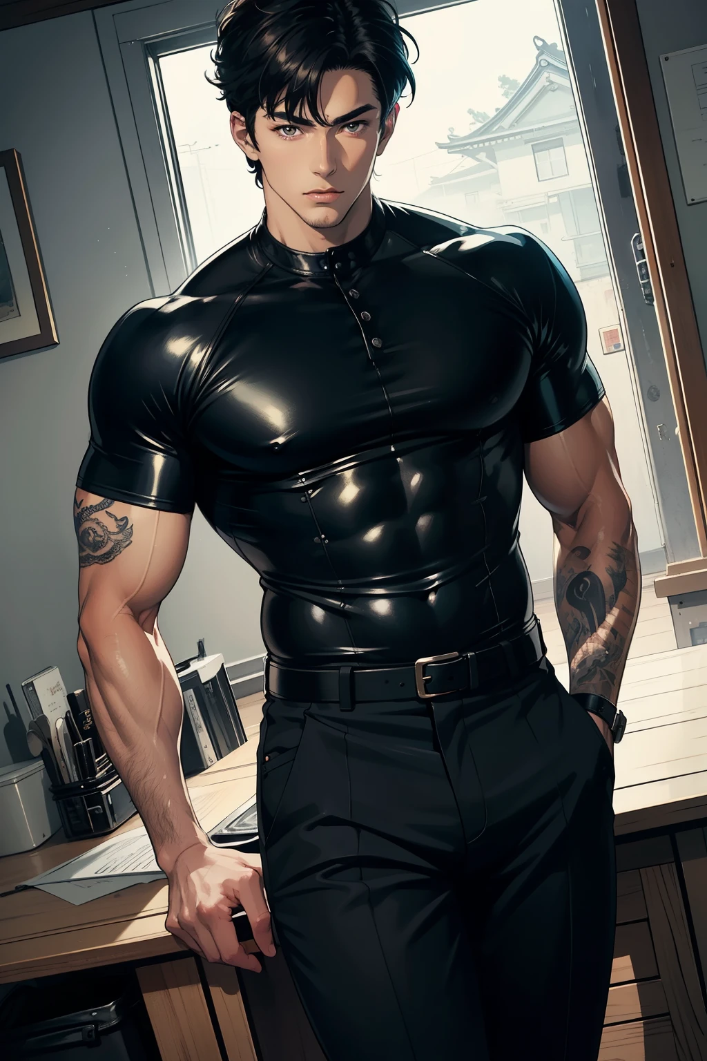 ((best quality)), ((masterpiece)), (detailed), 90s anime style, handsome man, Japanese, sexy clothes, muscular, anime boy, tatto, 1 male, adult, handsome, tall muscular guy, finely detailed eyes and detailed face, extremely detailed CG unitymasterpiece, black leather, looking at viewer, standing, straight-on, holding a banana between your legs
