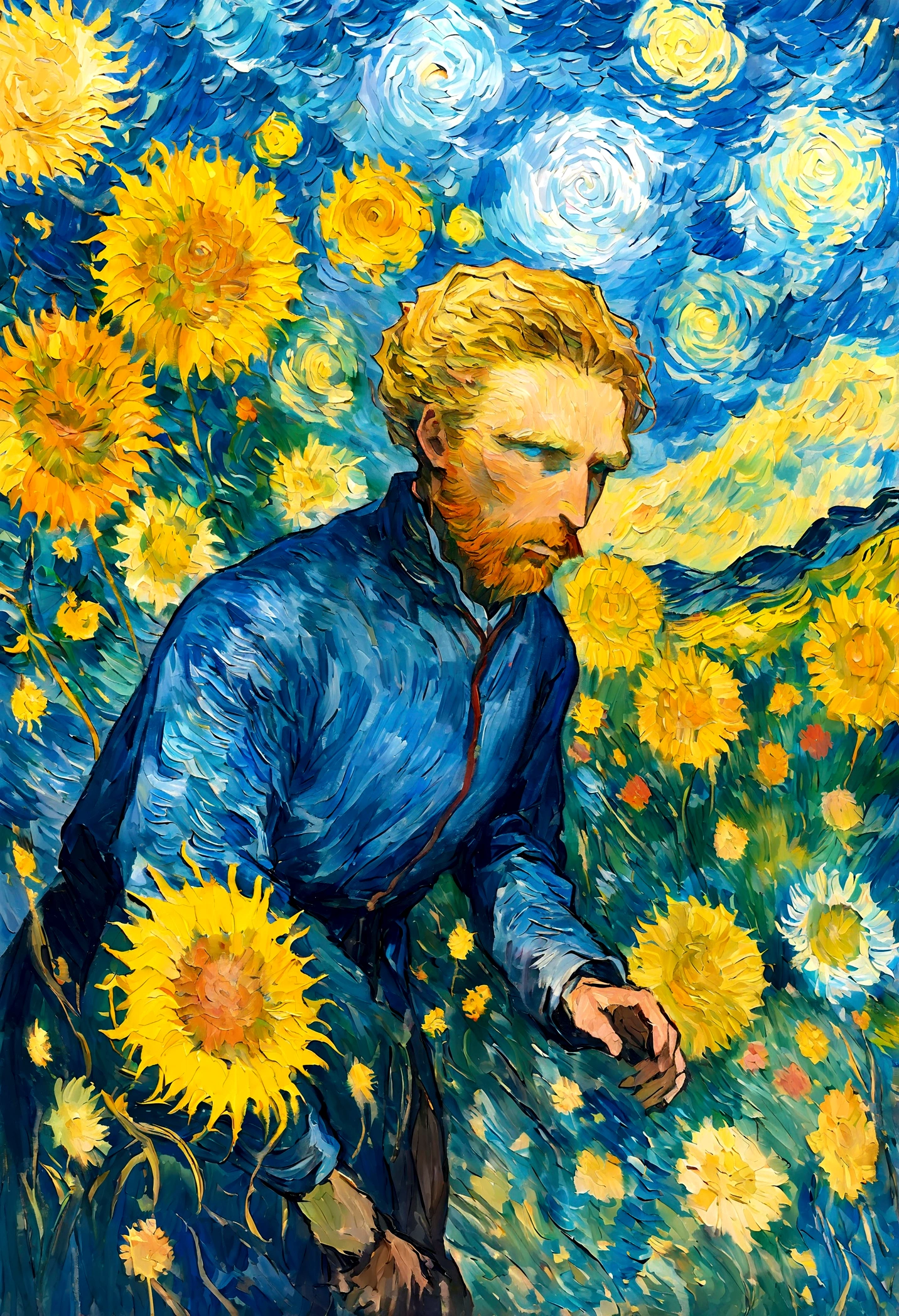 Van Gogh style, a person standing in a field with questions swirling around them in the wind. The field is filled with vibrant, swirling colors typical of Van Gogh's painting style, with dynamic brushstrokes depicting tall grass and wildflowers. The sky above is a whirl of blues and yellows, capturing the emotional intensity of the scene. The person stands at the center, slightly abstracted, with a contemplative expression. Around them, question marks and symbols swirl in the wind, painted in bold, energetic strokes that merge seamlessly with the natural elements, creating a sense of confusion and introspection. The overall composition reflects Van Gogh's unique style and emotional depth