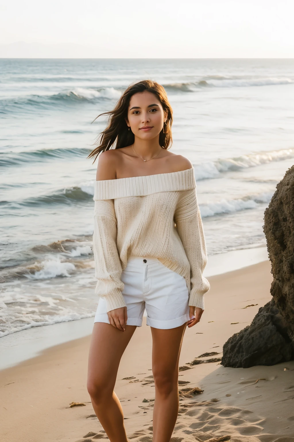 ((mejor calidad)), ((obra maestra)), (detallado), 1 chica, off shoulder sweater, un atardecer de una playa con un montom de rocas a los lados y una palmera inmedio del sol
