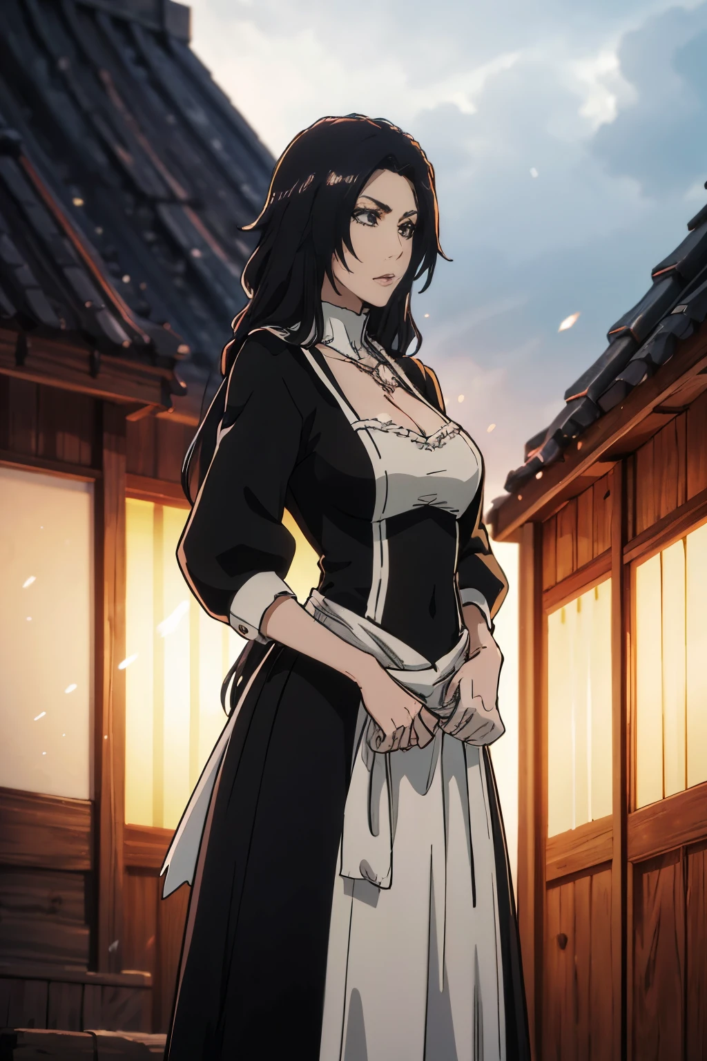 beautiful mature woman,
37 years old, exudes romantic aura, works as a maid in a medieval world,
Black hair, often mistreated by people due to her hair color,
Seen as cursed in her world,
Wearing a maid's uniform,
Sexy yet classy,
Milf-like figure,
Medieval setting,
Dark atmosphere,
Detailed,
Best quality,
8K,
HDR,
UHD,
Studio lighting,
Ultra-fine painting,
Sharp focus,
Physically-based rendering,
Extreme detail description,
Professional,
Vivid colors,
Bokeh