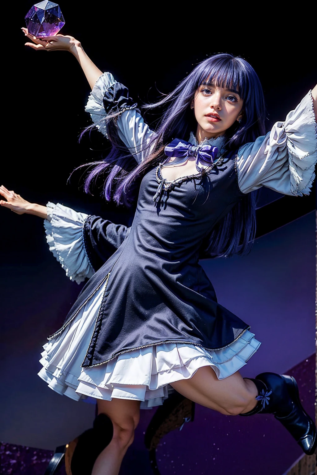 masterpiece,best quality,1girl,frederica bernkastel,purple hair,cat tail,tail bow,purple eyes,tail ornament,dress,bowtie,socks,expressionless,outstretched arms,outer space,surrounded by floating crystal,cowboy shot,