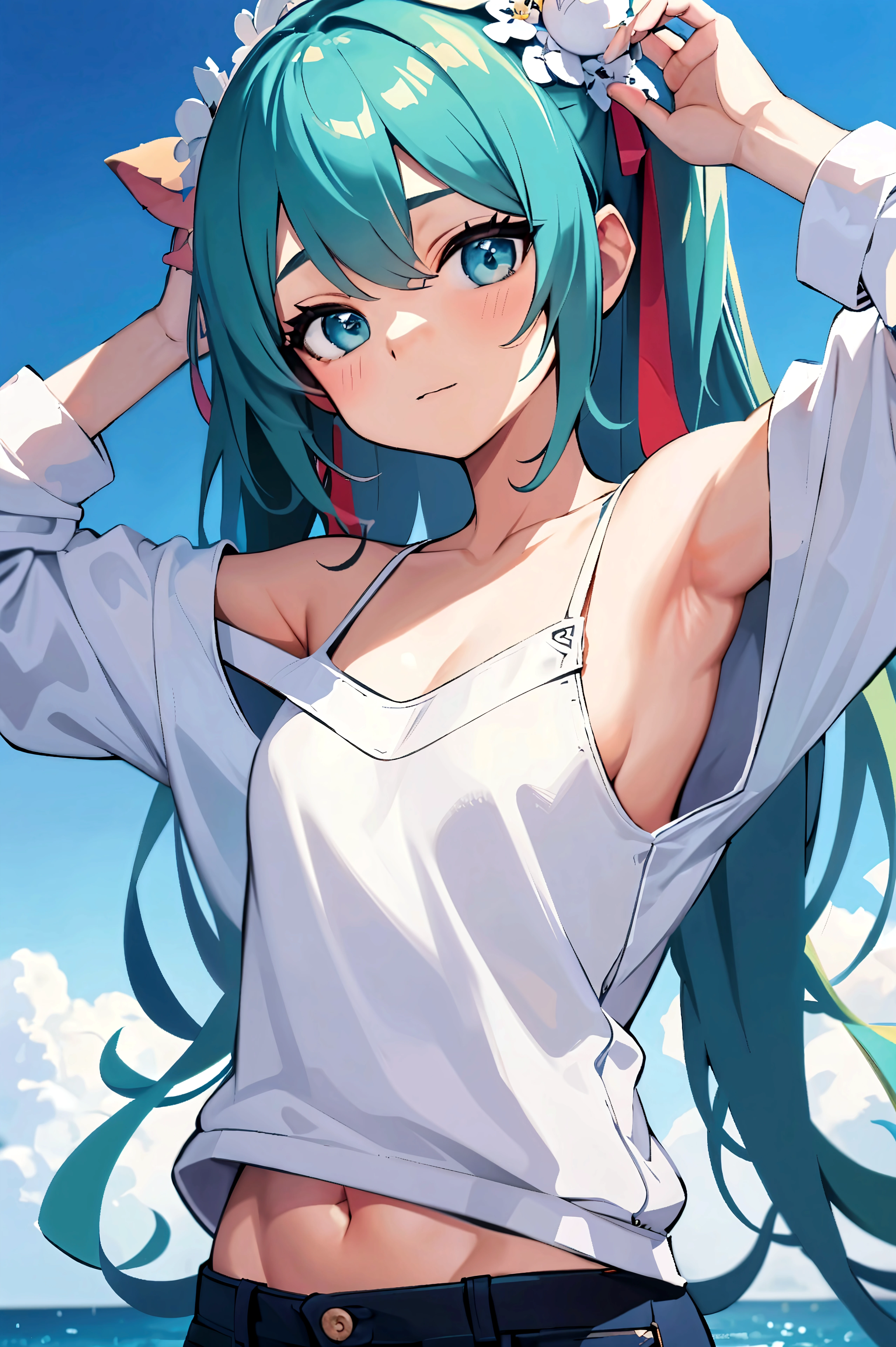 (best quality, masterpiece), off shoulder_sweater. miku. armpitpeek. cute. flat. young
