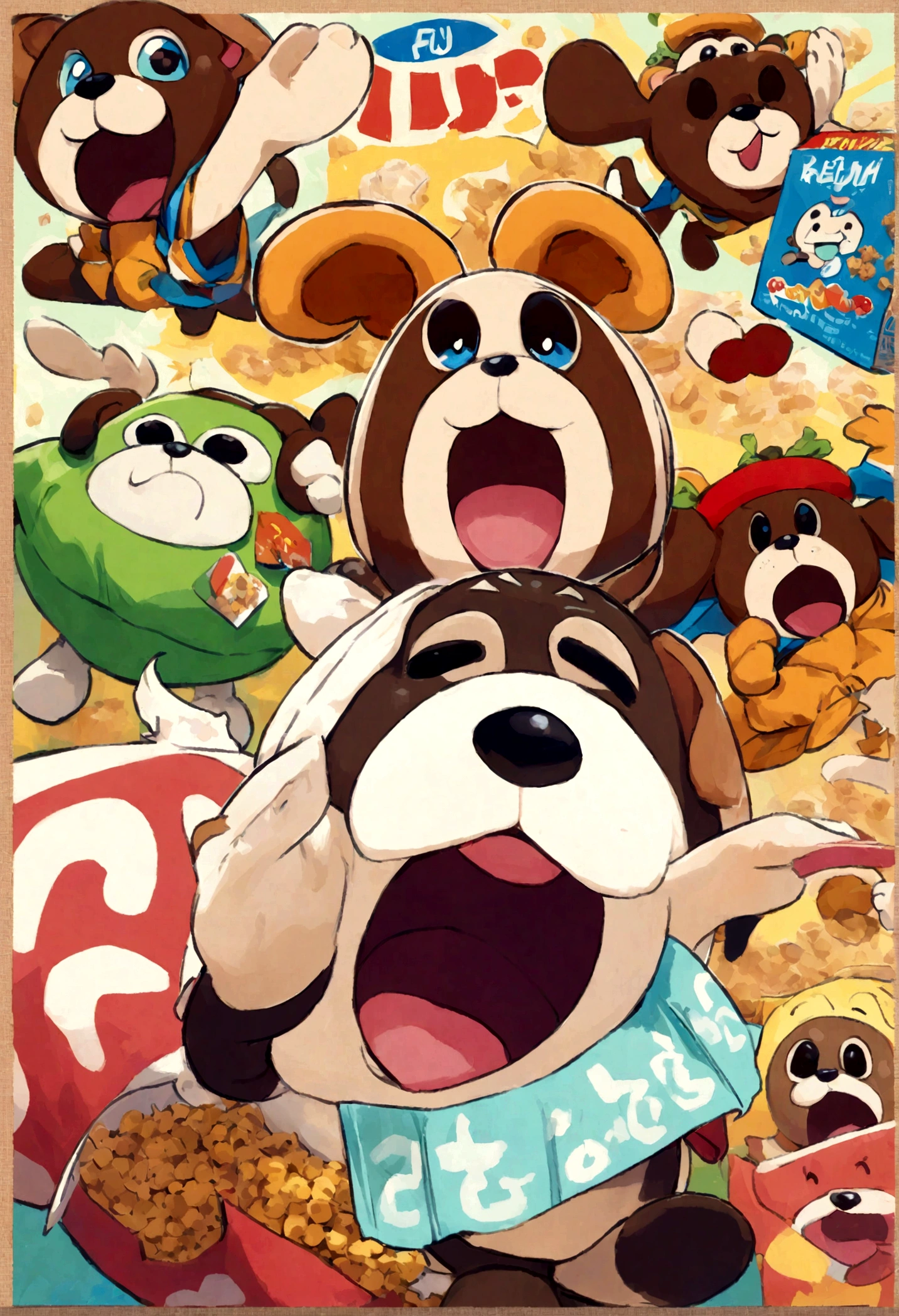 Cartoon dog wearing a cloak, Cheburashka, Hamburger Mascot, Cute cartoon characters, Mascot illustration, (highest quality, High resolution), Detail view, Vibrant colors, Playful, fun, Hilarious, Manga style, Adorable expression, Dynamic pose, unique proportions, Cape fluttering in the wind, Expressive eyes and smile, Cereal Box Background, Iconic cereal brand font, Fun and energetic atmosphere