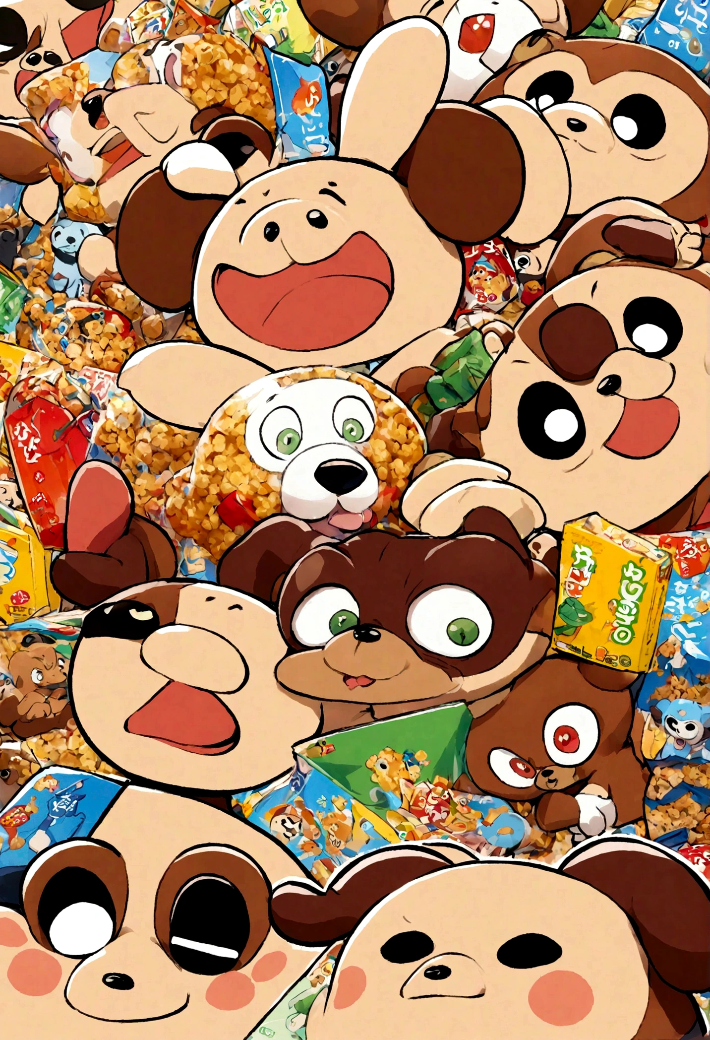 Cartoon dog wearing a cloak, Cheburashka, Hamburger Mascot, Cute cartoon characters, Mascot illustration, (highest quality, High resolution), Detail view, Vibrant colors, Playful, fun, Hilarious, Manga style, Adorable expression, Dynamic pose, unique proportions, Cape fluttering in the wind, Expressive eyes and smile, Cereal Box Background, Iconic cereal brand font, Fun and energetic atmosphere