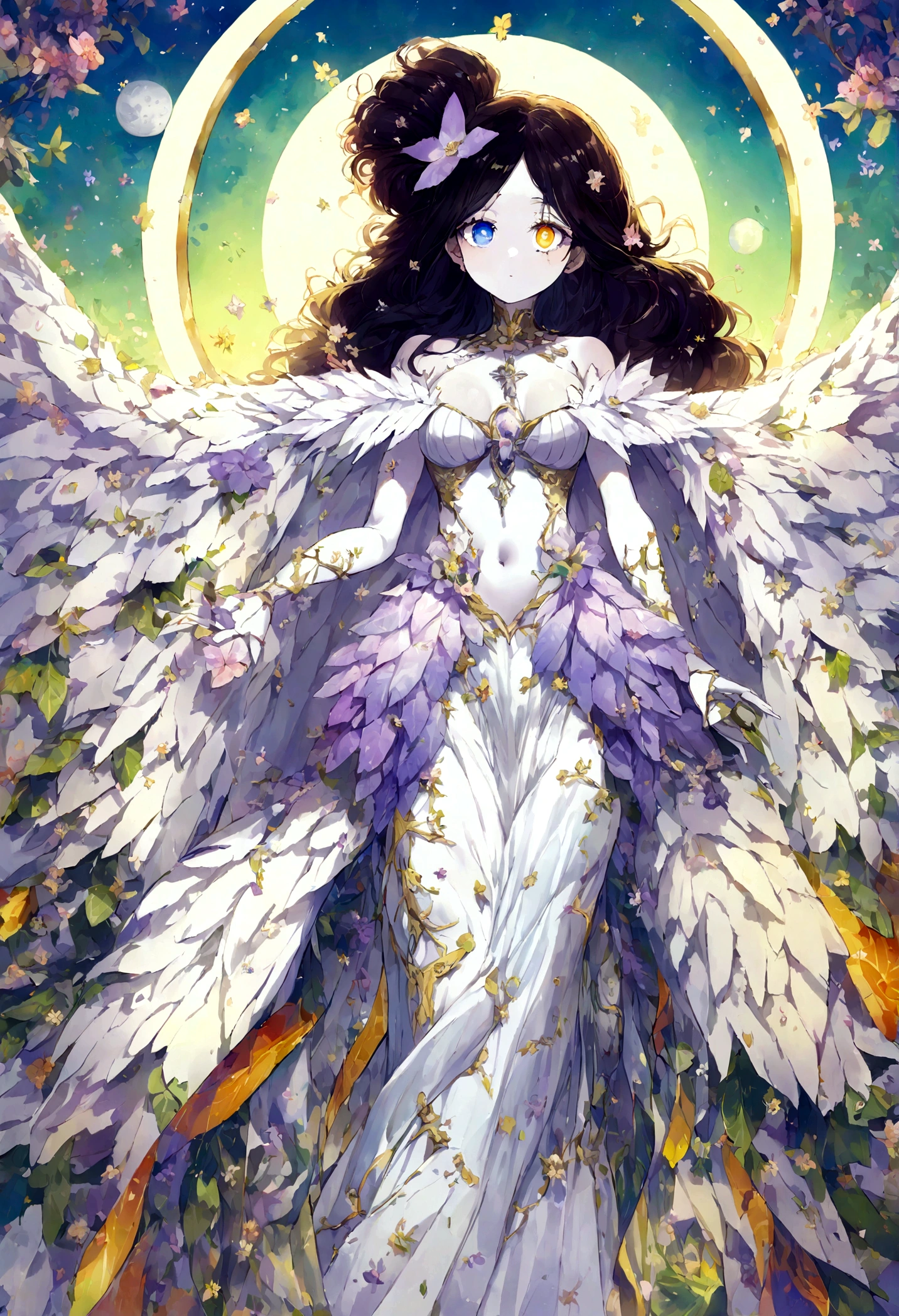 (una sola mujer), (pelo largo lila con mechones blancos), (heterochromatic eyes with white moons in the pupils), (cuerpo completo) (paisaje de amanecer)