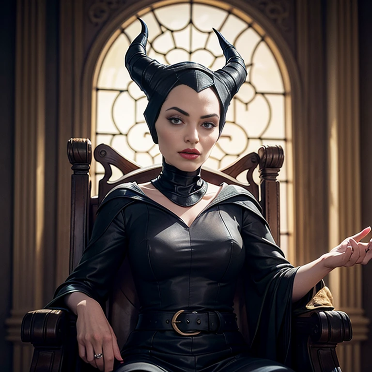 Masterpiece, best quality, detailed face, perfect eyes, Maleficent, black cowl, demon horns, throne behind her, looking at viewer, Sitting on a dark Throne chair. Behind her. In a dark throne room