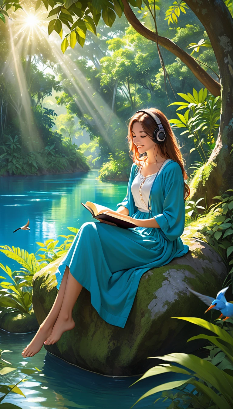 "Imagine a young woman sitting on a rock in the middle of the jungle, with a beautiful blue lake in front of her. She is dressed in comfortable clothes and is reading a book, with a relaxed smile on her face. The light is soft, coming only from the sun that shines through the trees. It is surrounded by lush vegetation and the sound of birds is the only music that accompanies it. Describe the feeling of peace and relaxation that surrounds this young woman, who is feeling free and happy in the midst of nature."