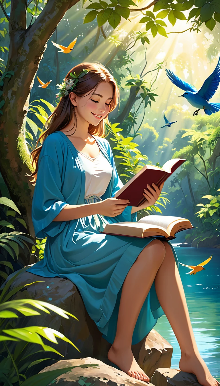 "Imagine a young woman sitting on a rock in the middle of the jungle, with a beautiful blue lake in front of her. She is dressed in comfortable clothes and is reading a book, with a relaxed smile on her face. The light is soft, coming only from the sun that shines through the trees. It is surrounded by lush vegetation and the sound of birds is the only music that accompanies it. Describe the feeling of peace and relaxation that surrounds this young woman, who is feeling free and happy in the midst of nature."