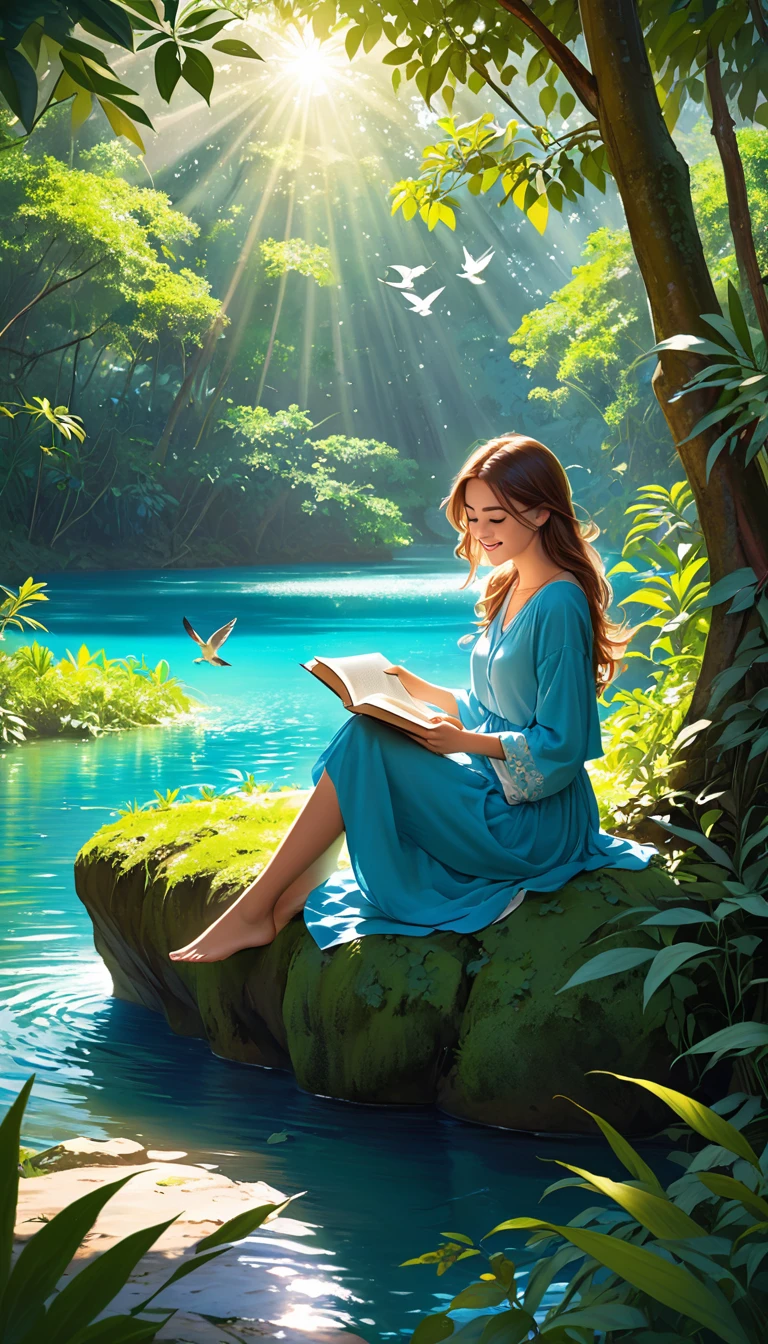 "Imagine a young woman sitting on a rock in the middle of the jungle, with a beautiful blue lake in front of her. She is dressed in comfortable clothes and is reading a book, with a relaxed smile on her face. The light is soft, coming only from the sun that shines through the trees. It is surrounded by lush vegetation and the sound of birds is the only music that accompanies it. Describe the feeling of peace and relaxation that surrounds this young woman, who is feeling free and happy in the midst of nature."