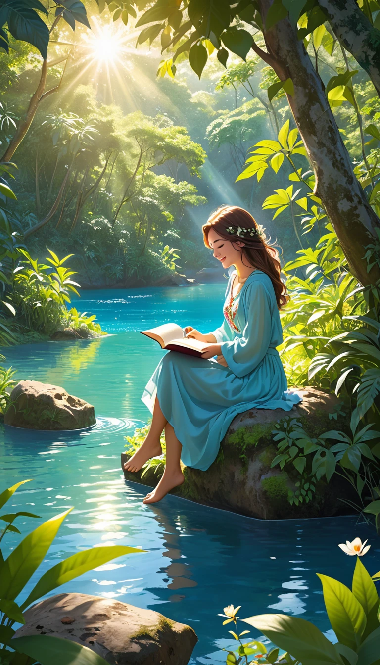 "Imagine a young woman sitting on a rock in the middle of the jungle, with a beautiful blue lake in front of her. She is dressed in comfortable clothes and is reading a book, with a relaxed smile on her face. The light is soft, coming only from the sun that shines through the trees. It is surrounded by lush vegetation and the sound of birds is the only music that accompanies it. Describe the feeling of peace and relaxation that surrounds this young woman, who is feeling free and happy in the midst of nature."