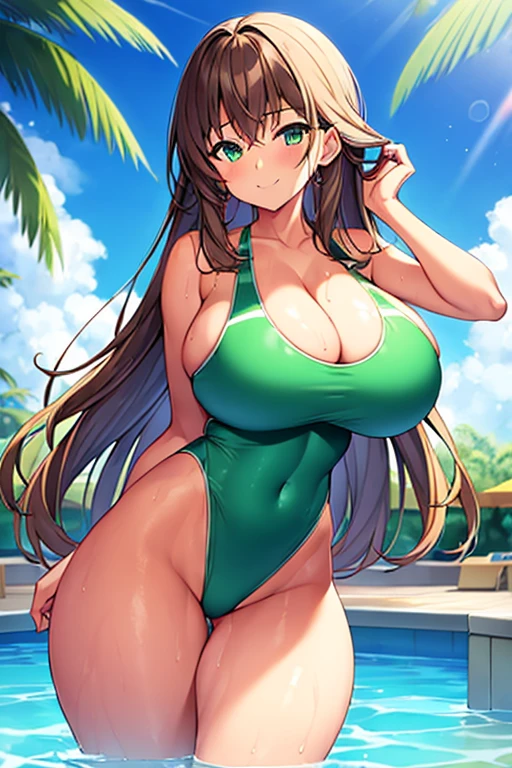 1girl, tan, tan-skinned female, tan skin, green eyes, brown hair, long hair, one-piece swimsuit, competition swimsuit, huge , highleg, thick thighs, wet, smile, cleavage female, ass figure, pool,