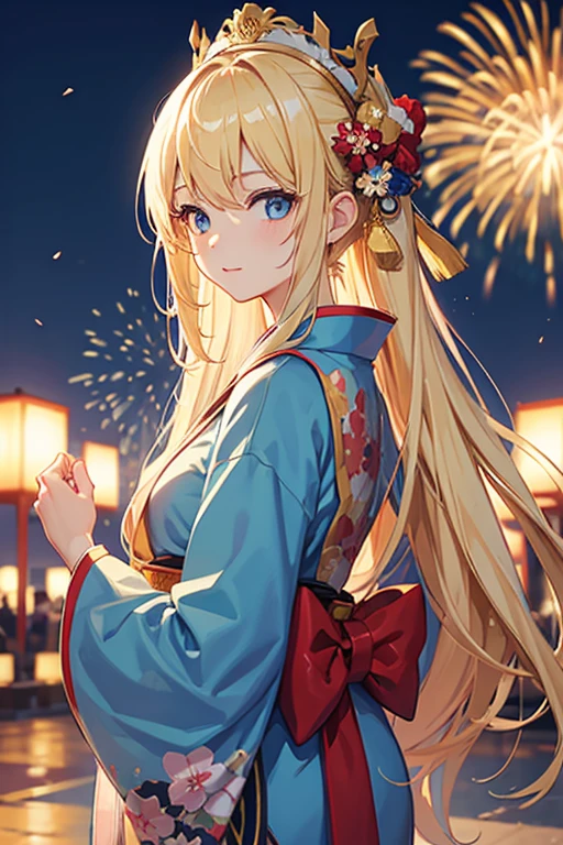 masterpiece, highest quality, High resolution,Follow the prompts、Anime Style、Blonde、Long Hair、blue eyes、Summer festival、firework、kimono