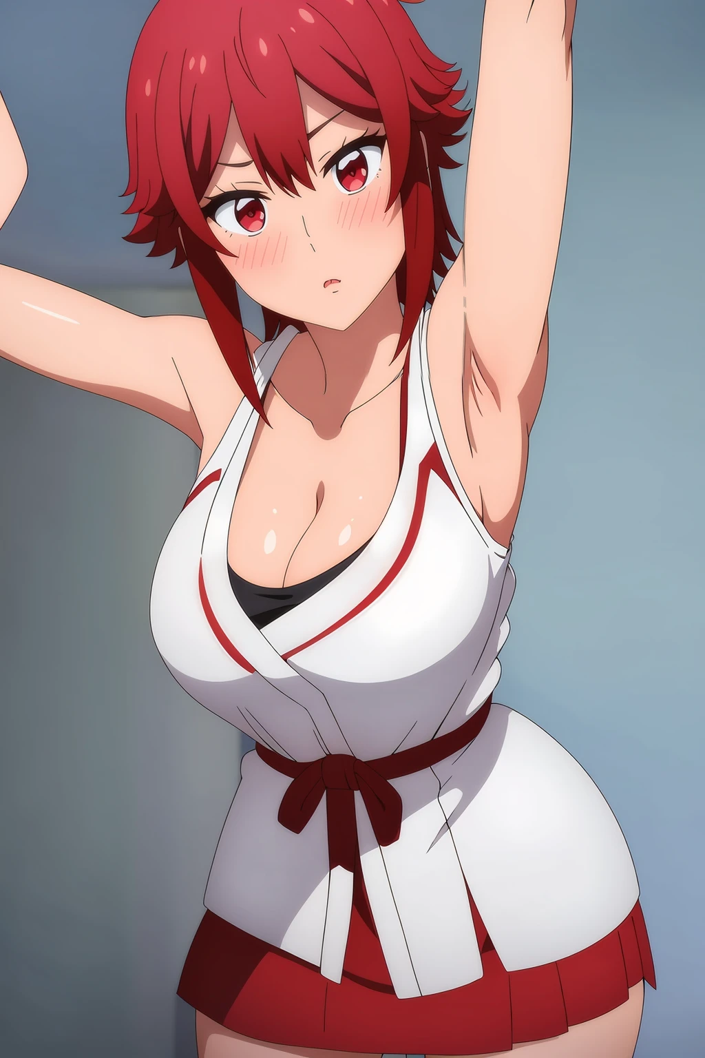 There was one girl with shiny skin, sexyposture,best qualtiy,tmasterpiece,(Photorealsitic:1.4),breast enhancement,reality,offcial art,The 8k quality,Super Detail,Fine detail skin,Movie angle,Cinematic textures,Movie Lighting,masutepiece,The highest image quality,1 girl,Vermilion lips,hair messy,pantyshot,Big Mimi,large breasts,1girl,short hair,upper limbs,((cleavage)), thick thighs, red eyes, ((karate uniform)), ((blushing)), red hair, white pants, from above, black belt, sleeveless, arms up, armpits, armpits visible, detailed armpits