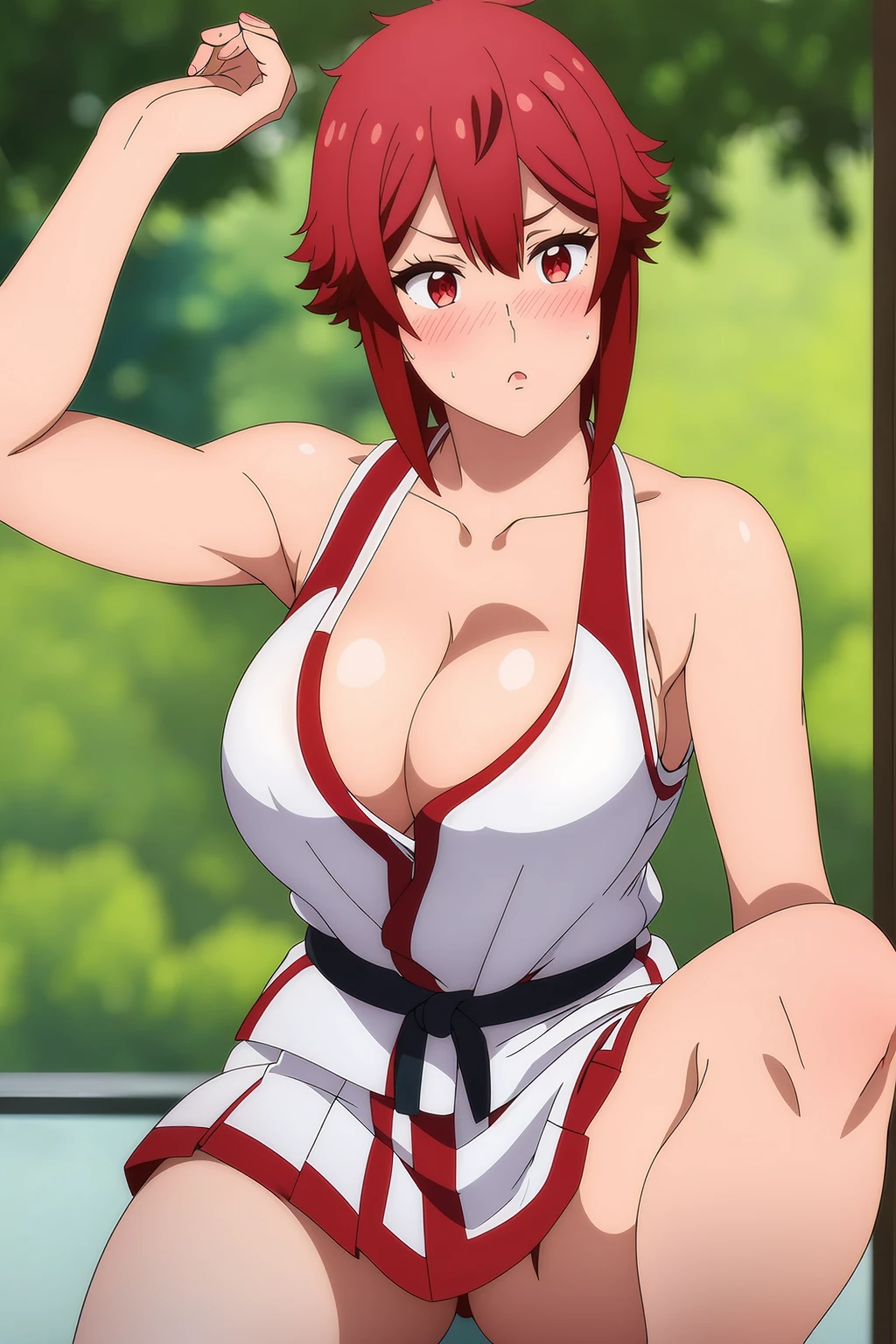 There was one girl with shiny skin, sexyposture,best qualtiy,tmasterpiece,(Photorealsitic:1.4),breast enhancement,reality,offcial art,The 8k quality,Super Detail,Fine detail skin,Movie angle,Cinematic textures,Movie Lighting,masutepiece,The highest image quality,1 girl,Vermilion lips,hair messy,pantyshot,Big Mimi,large breasts,1girl,short hair,upper limbs,((cleavage)), thick thighs, red eyes, ((karate uniform)), ((blushing)), red hair, white pants, from above, black belt, sleeveless, arms up, armpits, armpits visible, detailed armpits