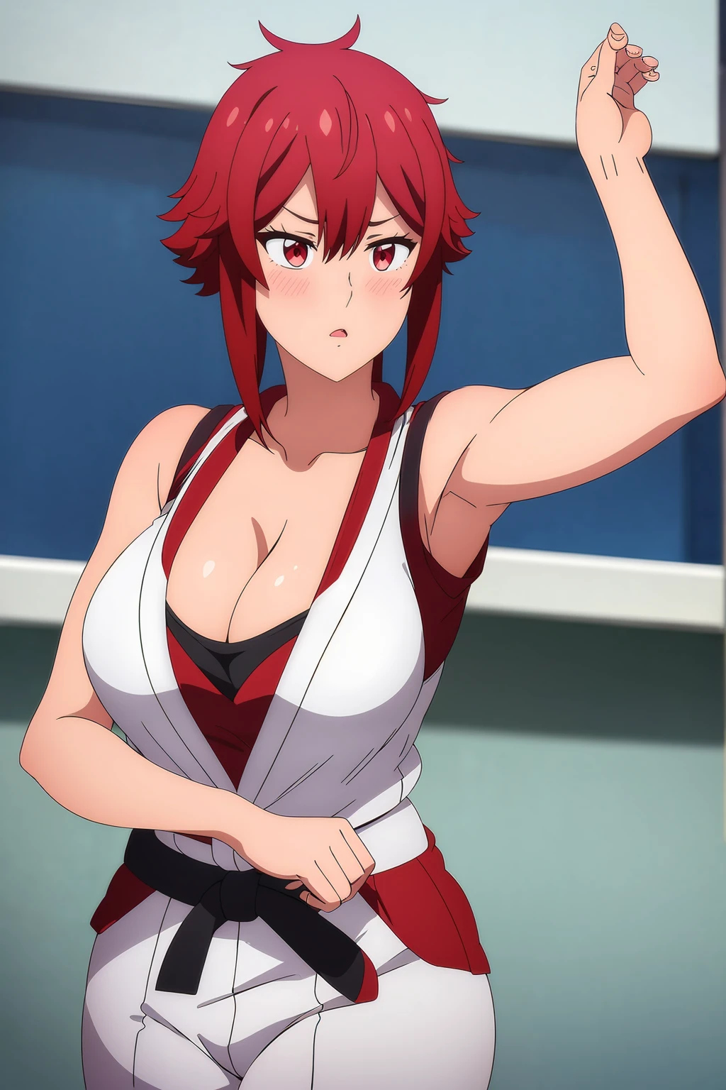 There was one girl with shiny skin, sexyposture,best qualtiy,tmasterpiece,(Photorealsitic:1.4),breast enhancement,reality,offcial art,The 8k quality,Super Detail,Fine detail skin,Movie angle,Cinematic textures,Movie Lighting,masutepiece,The highest image quality,1 girl,Vermilion lips,hair messy,pantyshot,Big Mimi,large breasts,1girl,short hair,upper limbs,((cleavage)), thick thighs, red eyes, ((karate uniform)), ((blushing)), red hair, white pants, from above, black belt, sleeveless, arms up, armpits, armpits visible, detailed armpits