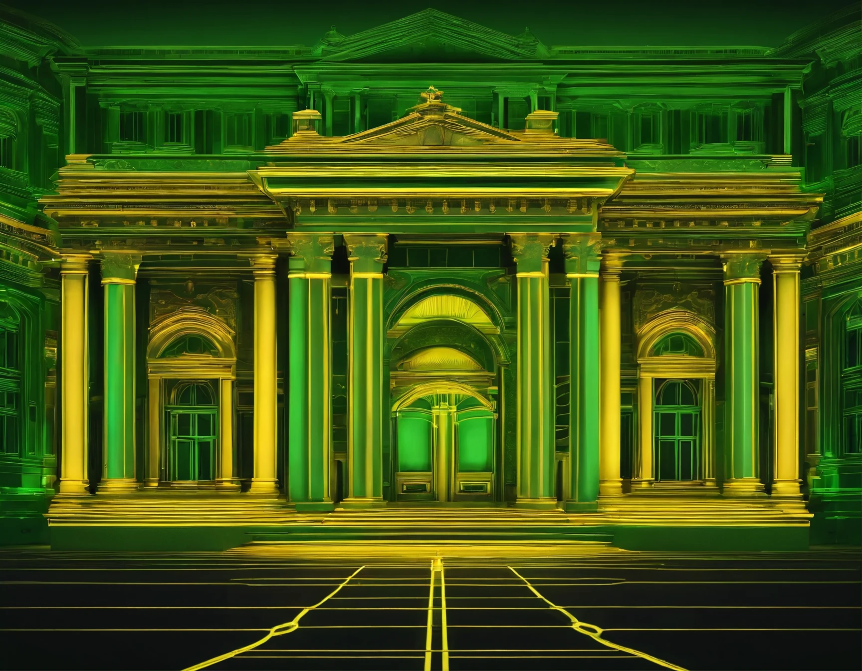 Faced of a big Palace in Neon Classical style, with [yellow] and [green] neon outlines on classical forms