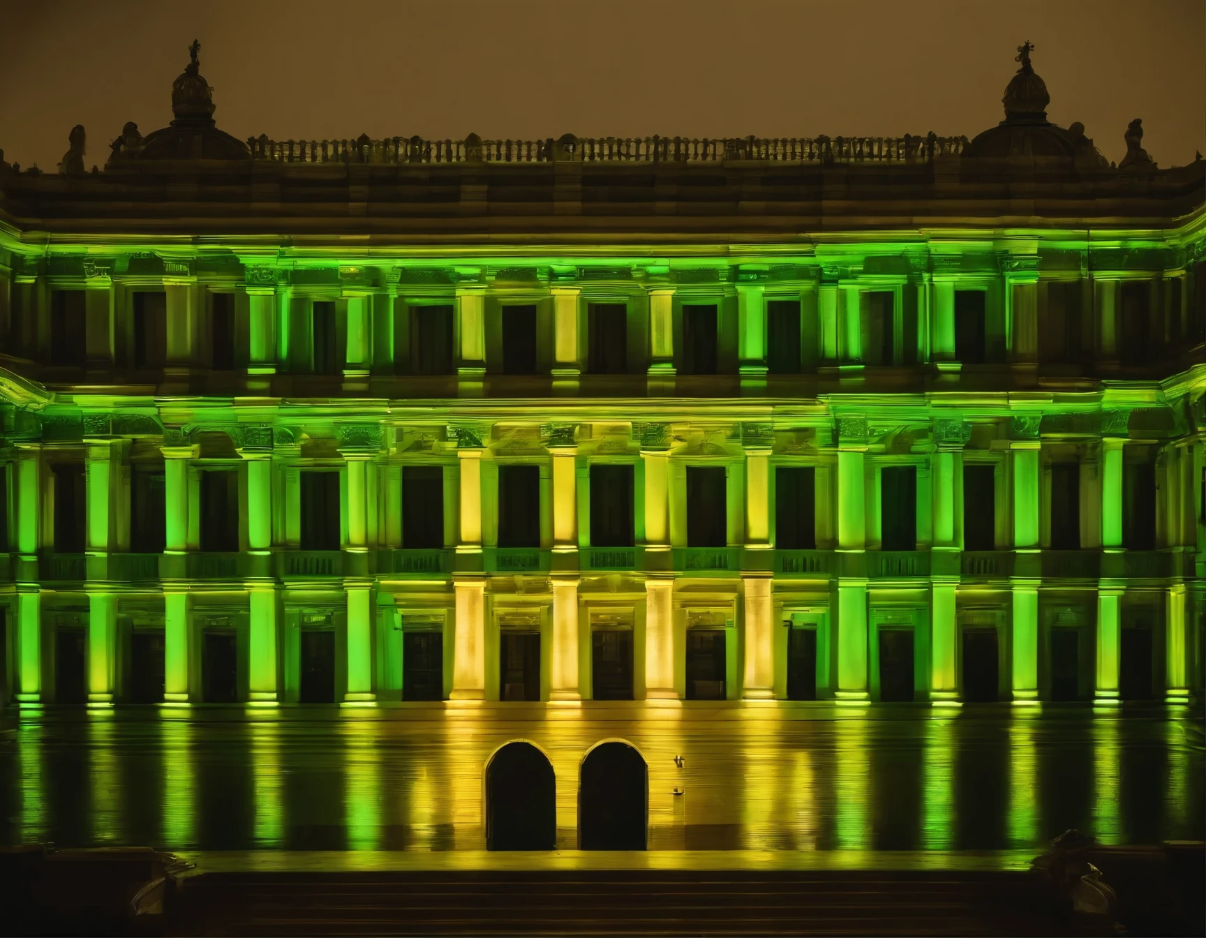 Faced of a big Palace in Neon Classical style, with [yellow] and [green] neon outlines on classical forms