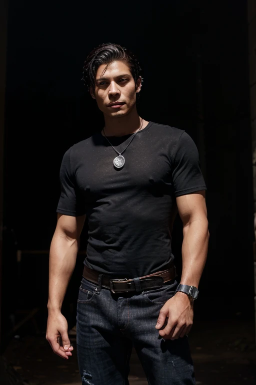 Paul Lahote, Alex Meraz, Teen Wolf, 20 years old, short messy black hair, slim muscular build, black eyes, open black shirt, dark blue jeans, black belt, light brown combat boots, silver moon pendant, black background misty forest