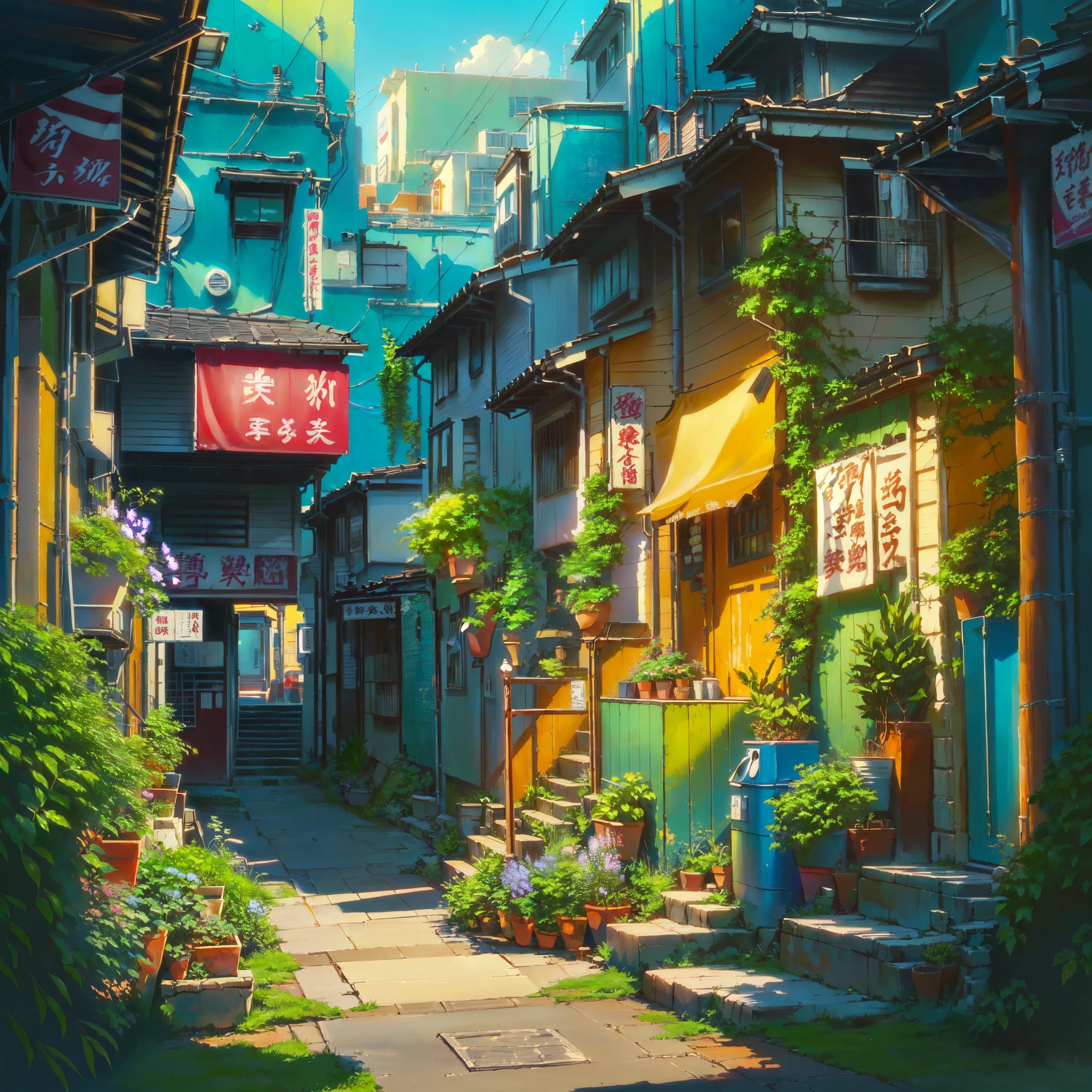 a painting of a narrow alley with a lot of plants, anime background art, anime art wallpaper 8 k, anime art wallpaper 4 k, anime art wallpaper 4k, anime style cityscape, anime scenery concept art, highly detailed digital painting, colorful concept art, very detailed digital painting, colorful anime movie background, beautiful digital painting, anime style 4 k, tokyo - esque town