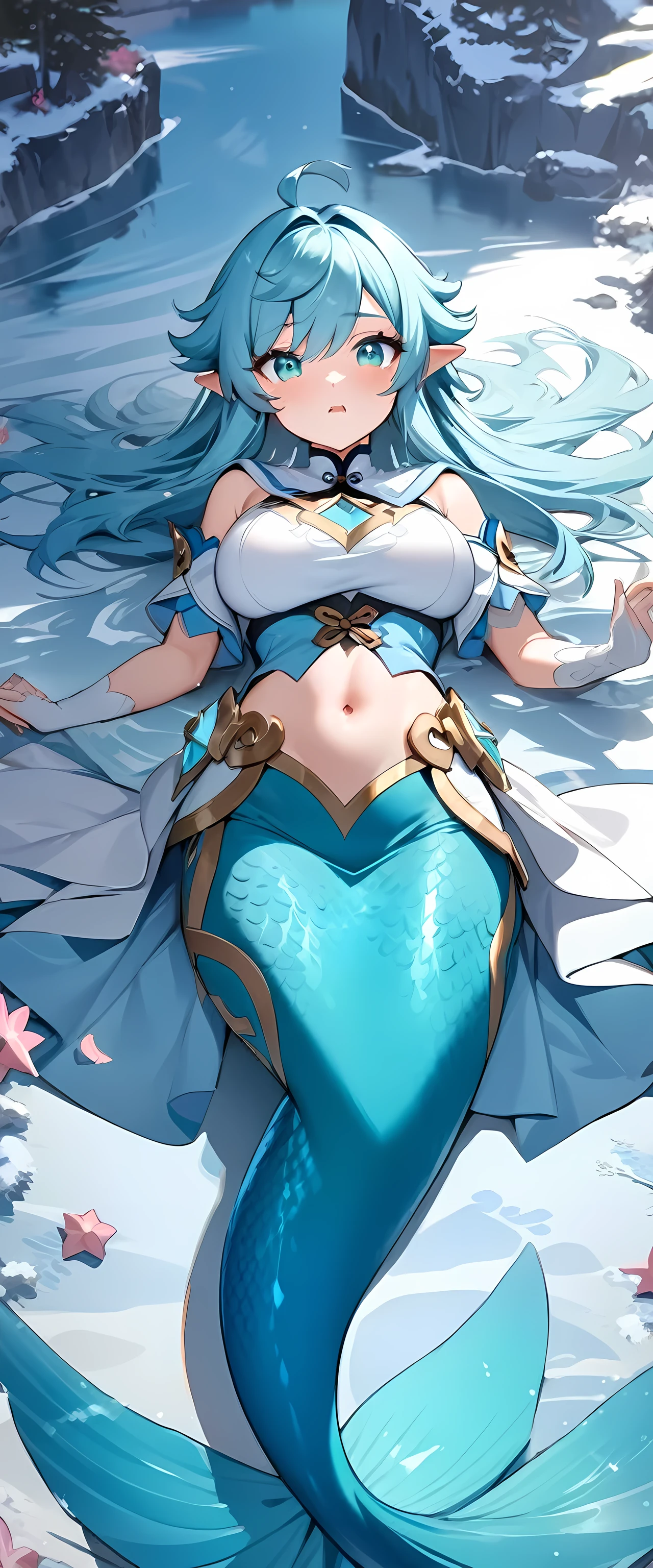 (masterpiece), best quality, expressive eyes, perfect face,1girl,chongyun,genshin impact,winter lake,cowboy shot,big breasts,24-year old girl,navel,dynamic angle,(magical girl),(cute clothes:1.5),transformation,pointy ears,long hair,mermaid,webbed hands,mermaid tail,lying on back,outstretched hand to viewer