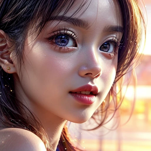 Tiny girl wearing tube-top dress, Stroll along Tropical Beach at evening, (Acutance:0.85), Masterpiece of 8K Ultra-detailed, (Volumetric lighting), (RAW photorealistic:1.37), (Gazing at the sunseting colorful sky) (Dazzling bokeh:1.25), (Golden rays illuminating face, close-up:1.4), (Gust of wind) . (((Extremely detailed a face variation of NOGIZAKA girls))), perfect anatomy, Childish, captivating gaze, elaborate detailed Eyes with (sparkling highlights:1.3), long eyelashes、Glossy RED Lips with beautiful details, Coquettish tongue, Rosy cheeks, ((Radiant natural skin) with clear transparency) . { (Dynamic joyful expressions) | (:d) }, (Photon Particles:1.25), (no Large eyes, no tree).