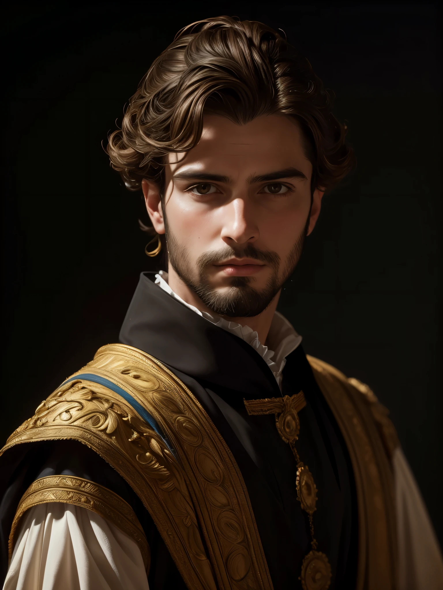 Portrait of a Spanish prince from the Baroque period, dressed in character. He wears his hair well trimmed and shaved, and there are already small patches of baldness. He looks directly into the camera. The lighting makes the photograph look like an impressive Baroque painting, Caravaggio style. Professional photography. Perfect face. Very high quality.