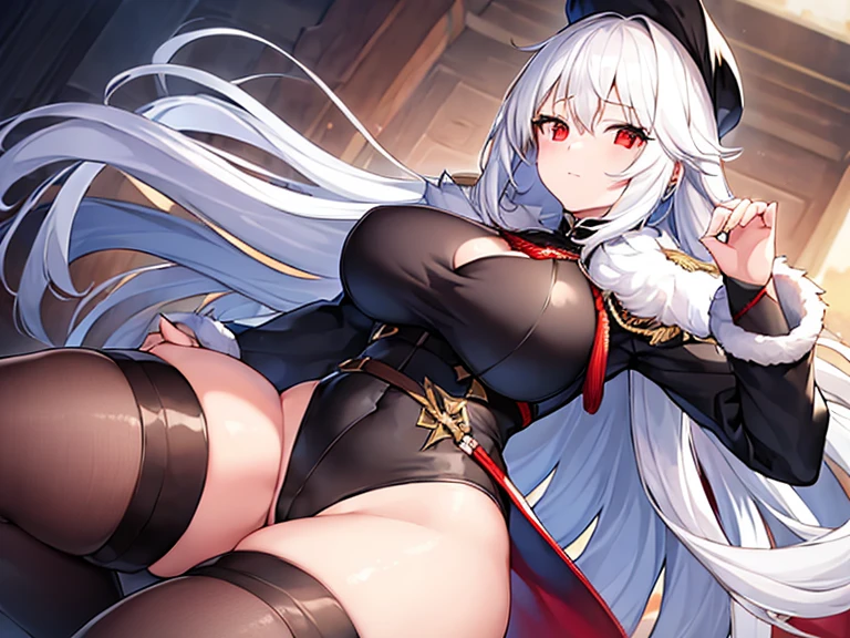 1girl, white hair, large breasts, thick thighs, leotard, knife, red eyes, black leotard, epaulettes, fur trim
