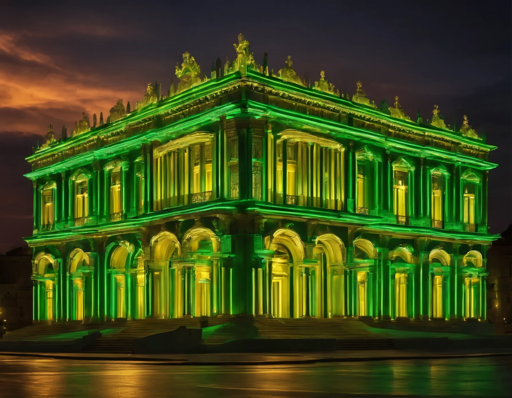 Faced of a big Palace in Neon Classical style, with [yellow] and [green] neon outlines on classical forms
