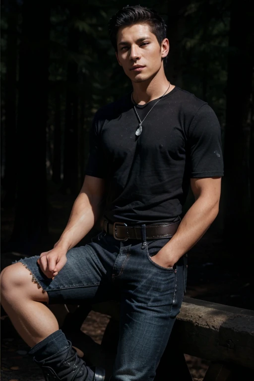 Charles Melton, Reggie Mantle, Teen Wolf, 18 years old, short messy black hair, slim muscular build, black eyes, open light blue shirt, dark blue jeans, black belt, light brown combat boots, silver moon pendant, gold background black, misty forest